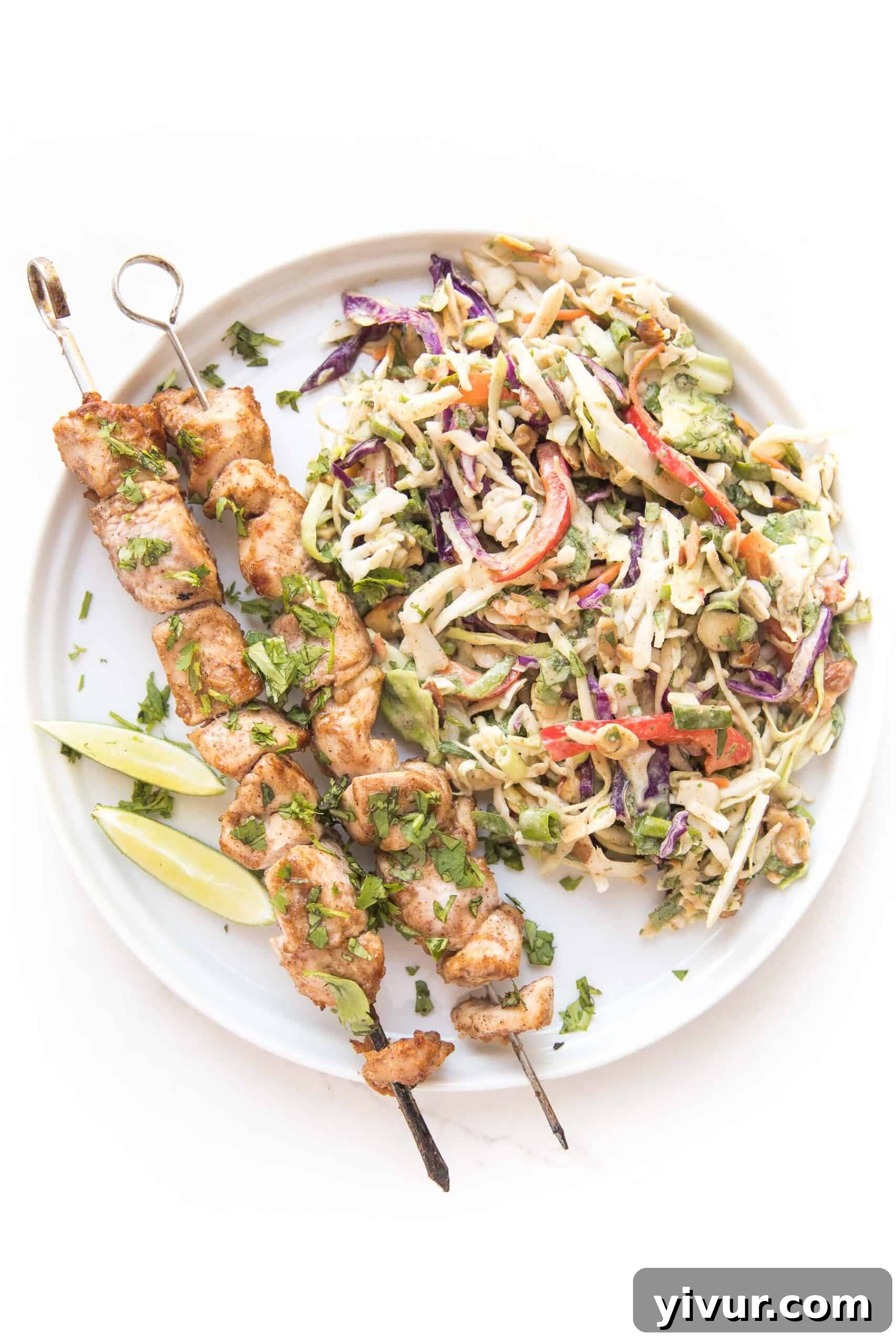 Flavorful Whole30 Keto Thai Chicken Satay Skewers with Crisp Coleslaw 4 Delicious Thai satay sauce in a bowl with fresh lime and ginger