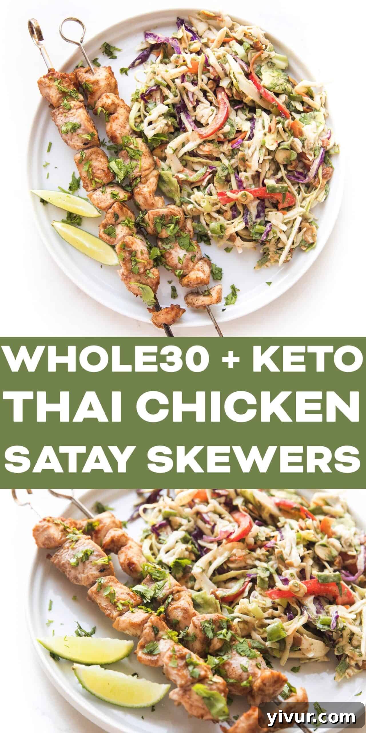 Flavorful Whole30 Keto Thai Chicken Satay Skewers with Crisp Coleslaw 7 Plated Whole30 Keto Thai Chicken Satay Skewers served with a side of crunchy coleslaw