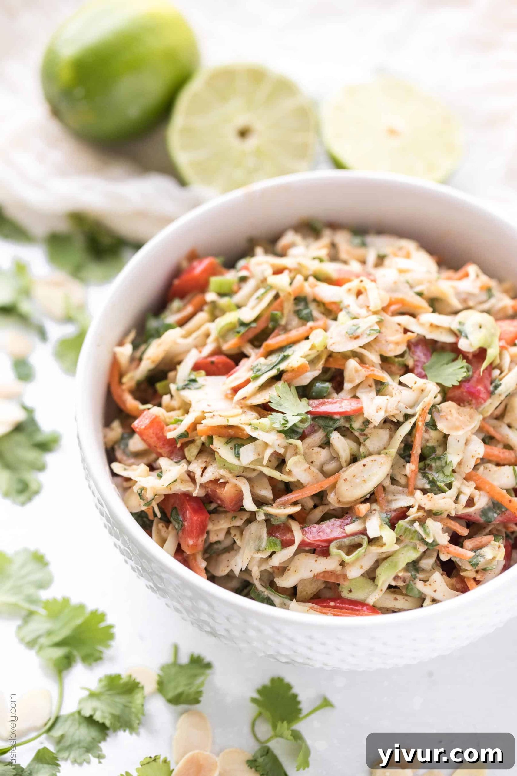 Vibrant Whole30 Keto Thai Almond Butter Coleslaw with fresh, colorful vegetables