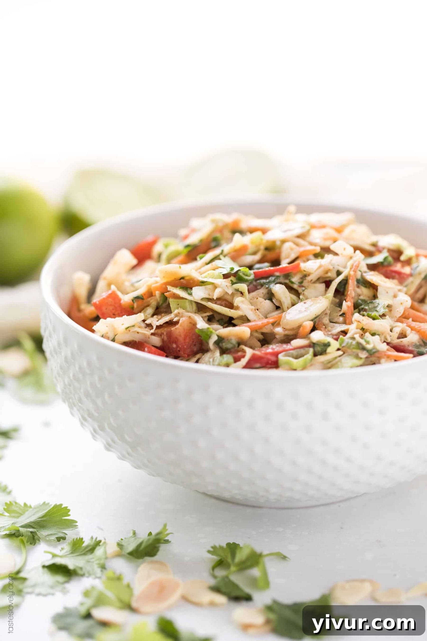 A large bowl of freshly prepared Thai Almond Butter Coleslaw before serving