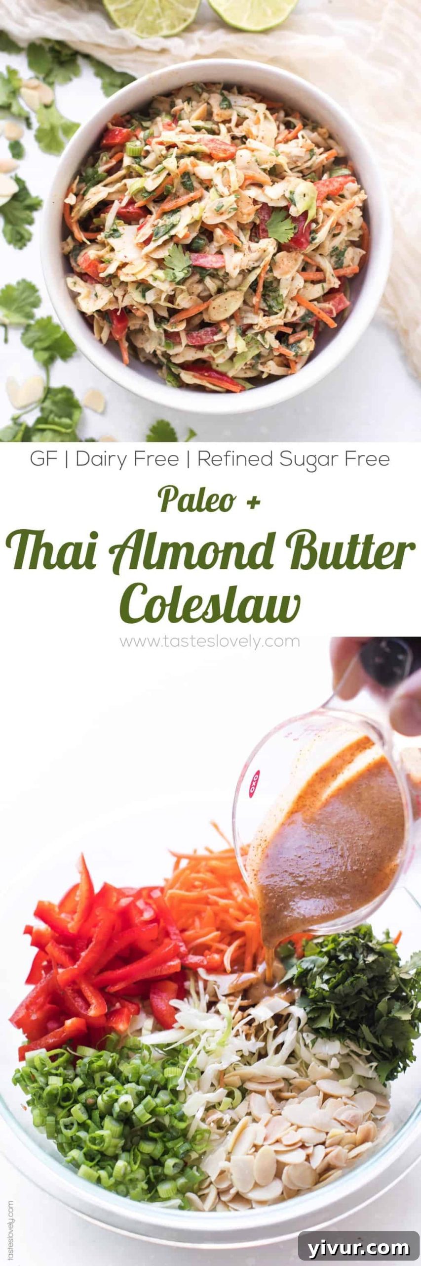 Full view of the Thai Almond Butter Coleslaw in a white bowl, garnished with cilantro