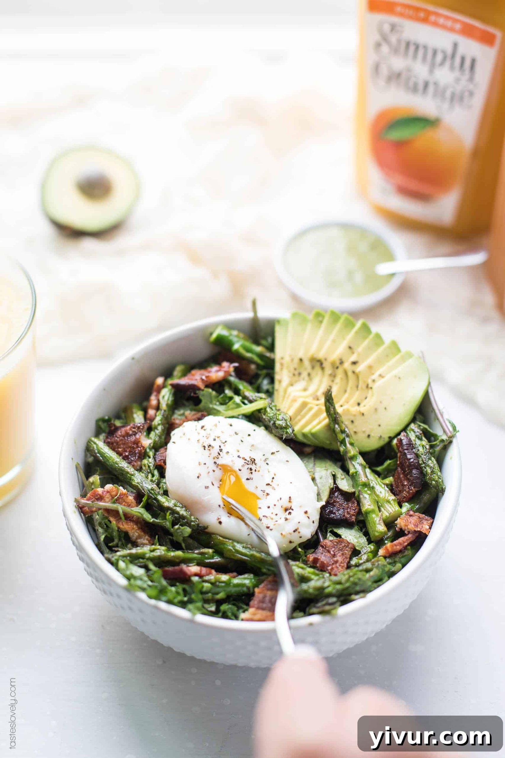 Keto + Whole30 Brunch Kale Salad - baby kale tossed in an herby green dressing topped with bacon, asparagus and a poached egg (gluten free, grain free, dairy free, sugar free, clean eating)