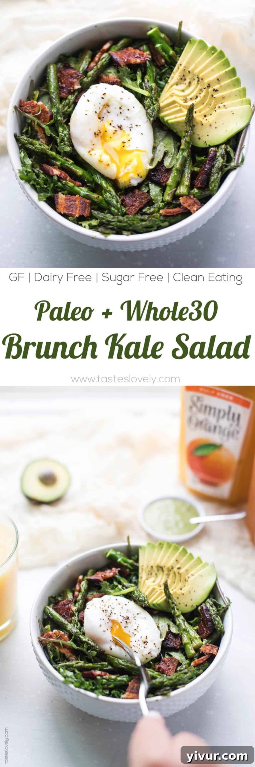 Keto + Whole30 Brunch Kale Salad - baby kale tossed in an herby green dressing topped with bacon, asparagus and a poached egg (gluten free, grain free, dairy free, sugar free, clean eating)