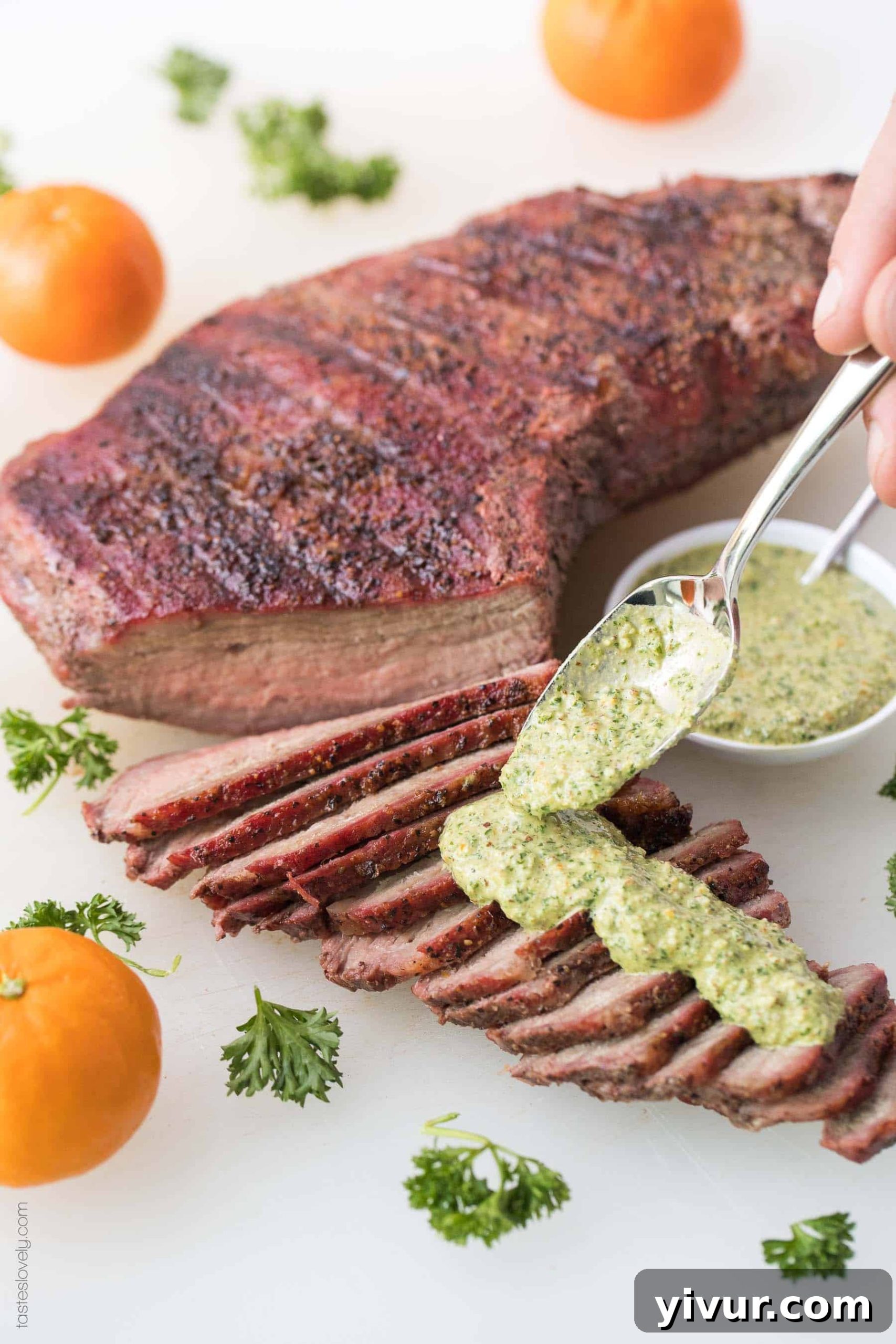 Whole30 Keto Tri Tip with Zesty Orange Parsley Sauce 2 Grilled Whole30 Keto Tri Tip with Orange Parsley Sauce: a quick, healthy, and flavorful 30-minute steak dinner perfect for summer grilling. Gluten-free, grain-free, dairy-free, sugar-free, clean eating, real food.