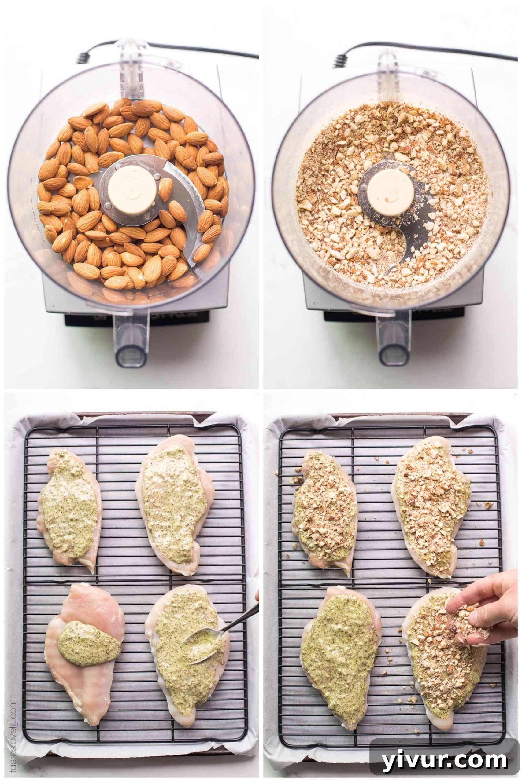 Almond-Crusted Pesto Chicken (Paleo & Whole30) 4 Three pieces of golden-brown Paleo + Whole30 Almond Crusted Pesto Chicken served on a wire rack, ready to eat.