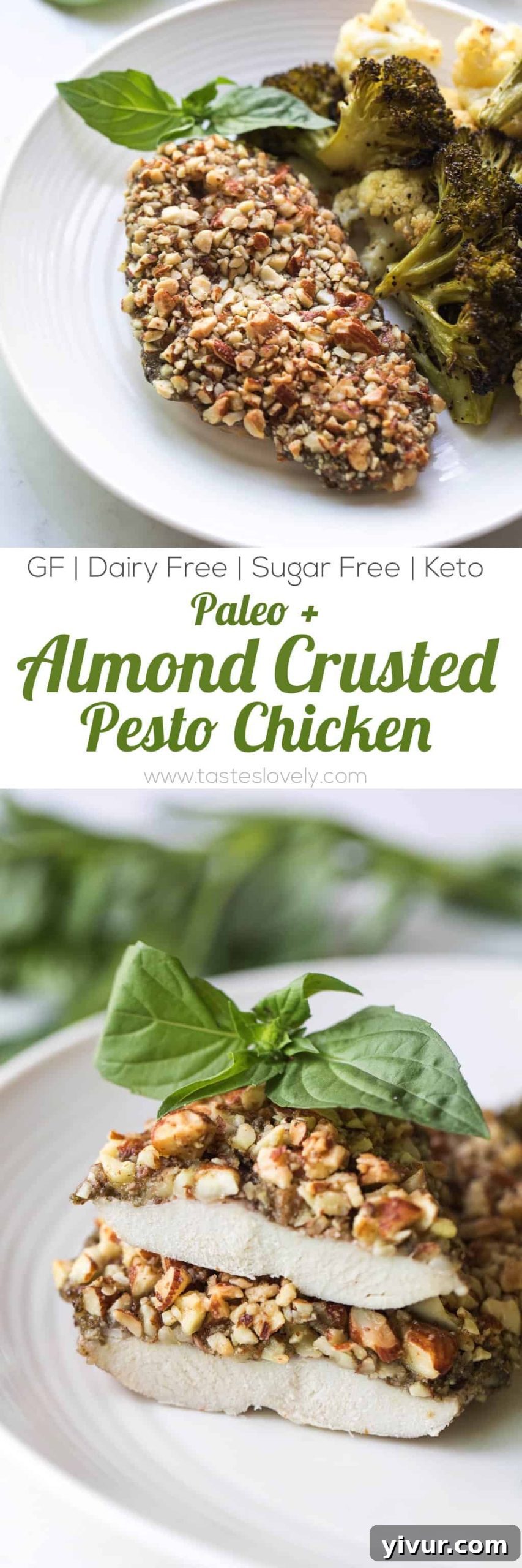 Almond-Crusted Pesto Chicken (Paleo & Whole30) 8 A tall, narrow image of the Paleo + Whole30 Almond Crusted Pesto Chicken, ideal for Pinterest.