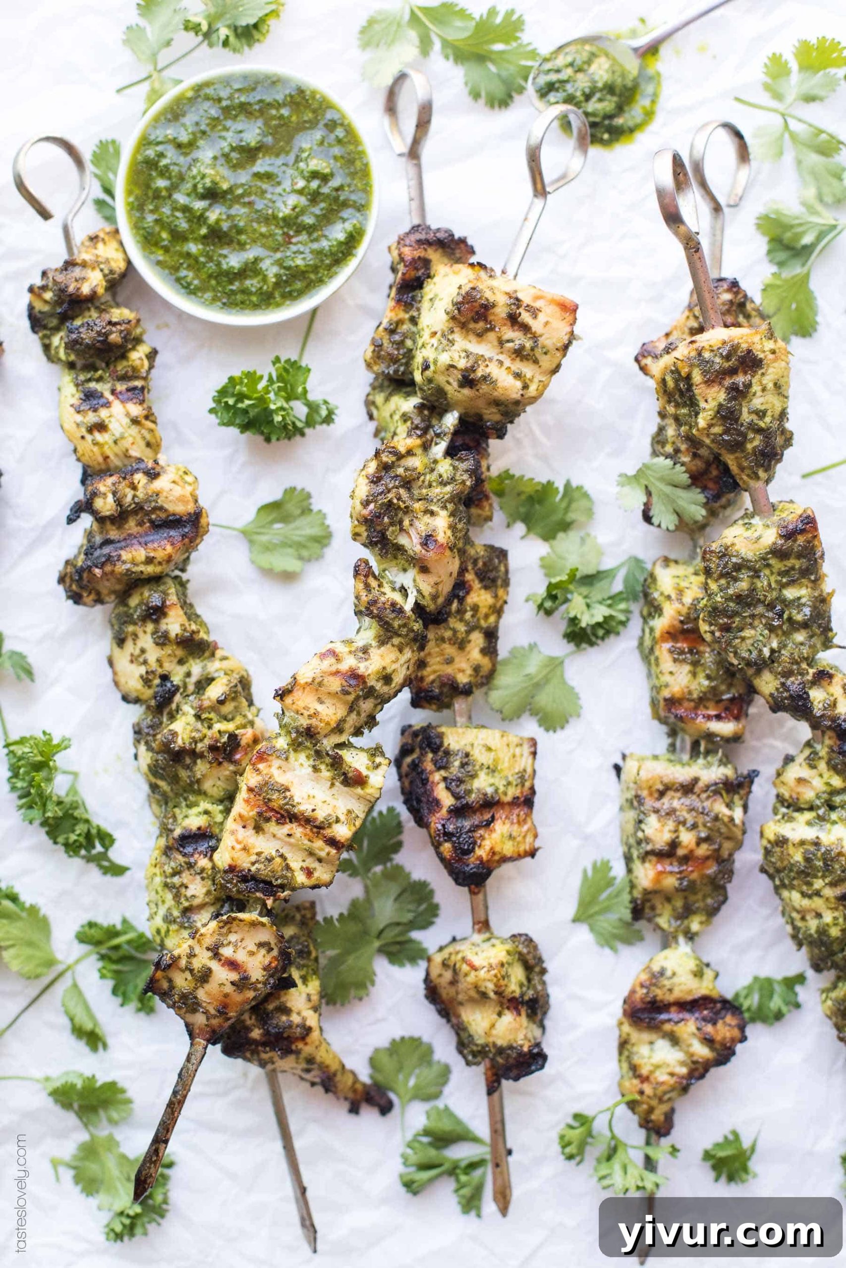 Close-up of grilled Paleo + Whole30 Chimichurri Chicken Skewers, showing the vibrant herb sauce and golden chicken pieces. A perfect healthy 30 minute chicken kebab.