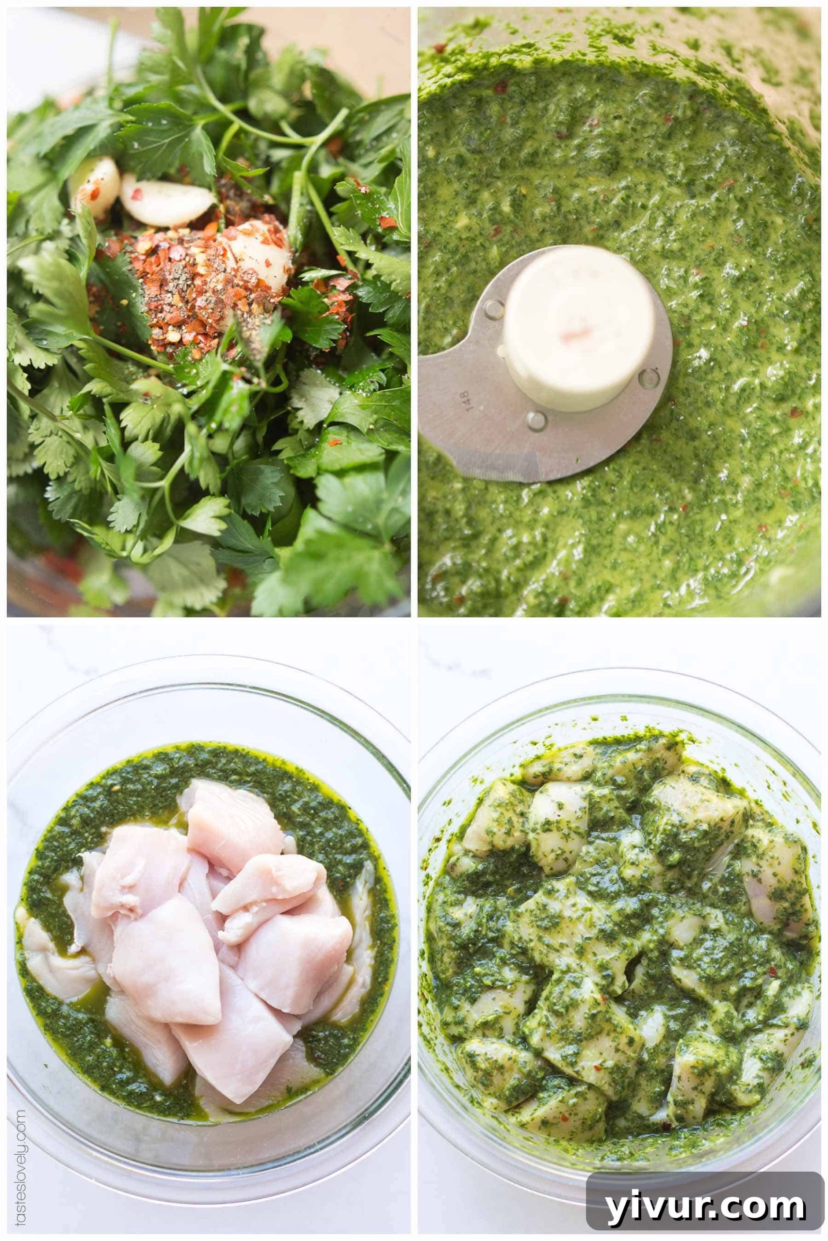 A plate of freshly grilled Paleo + Whole30 Chimichurri Chicken Skewers, garnished with extra chimichurri sauce, ready to be served.