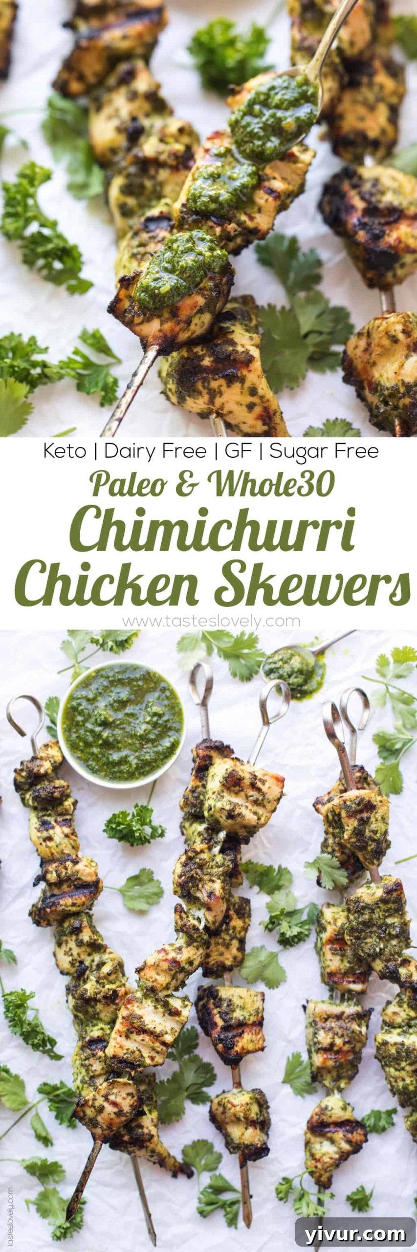Stacked Paleo + Whole30 Chimichurri Chicken Skewers, showing the fresh herbs and grilled texture. A wholesome and quick weeknight meal idea.