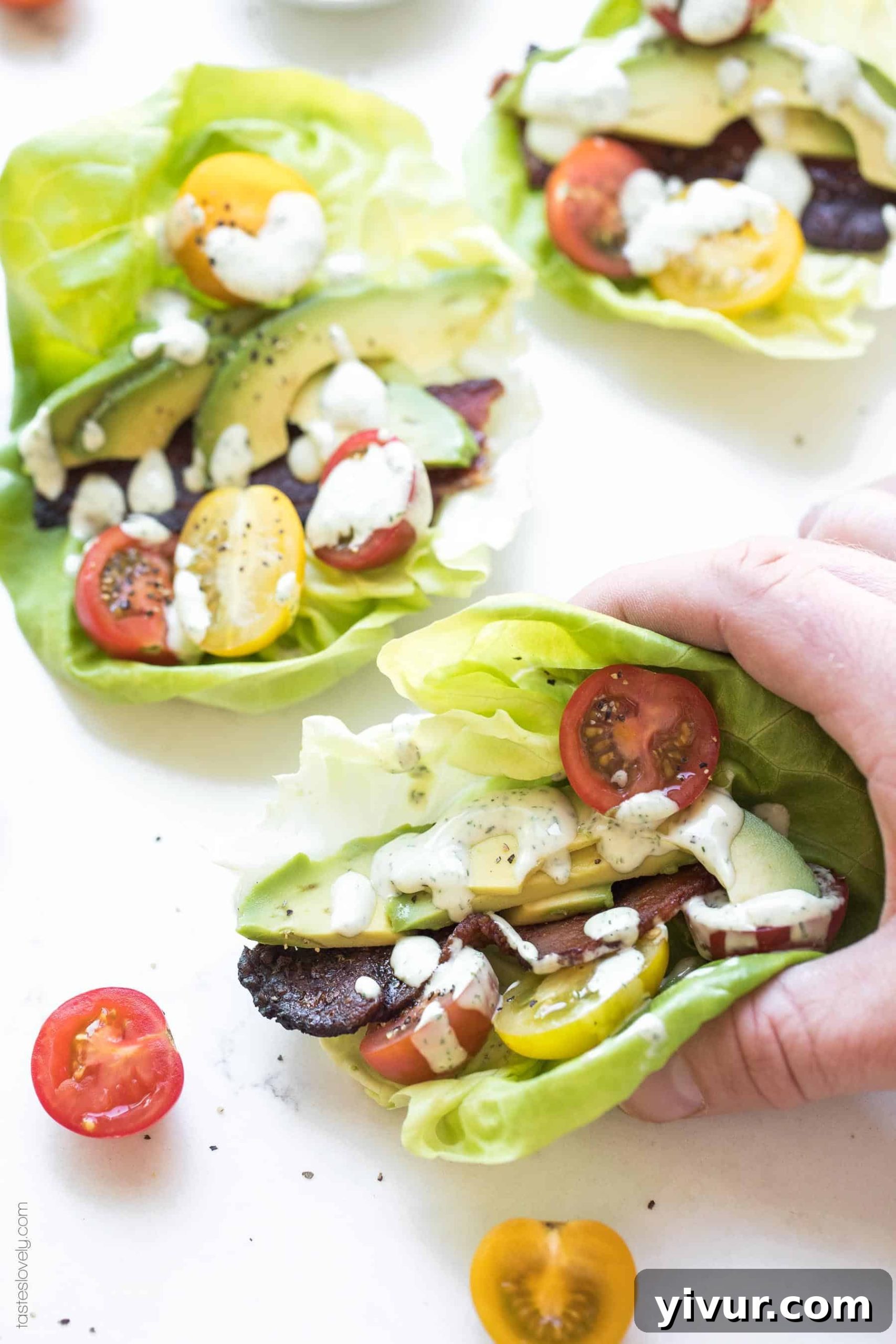 Paleo, Whole30, Keto BLT Lettuce Wraps with avocado ranch dressing - a healthy, low-carb lunch, dinner, or appetizer recipe, perfect for summer tomatoes.