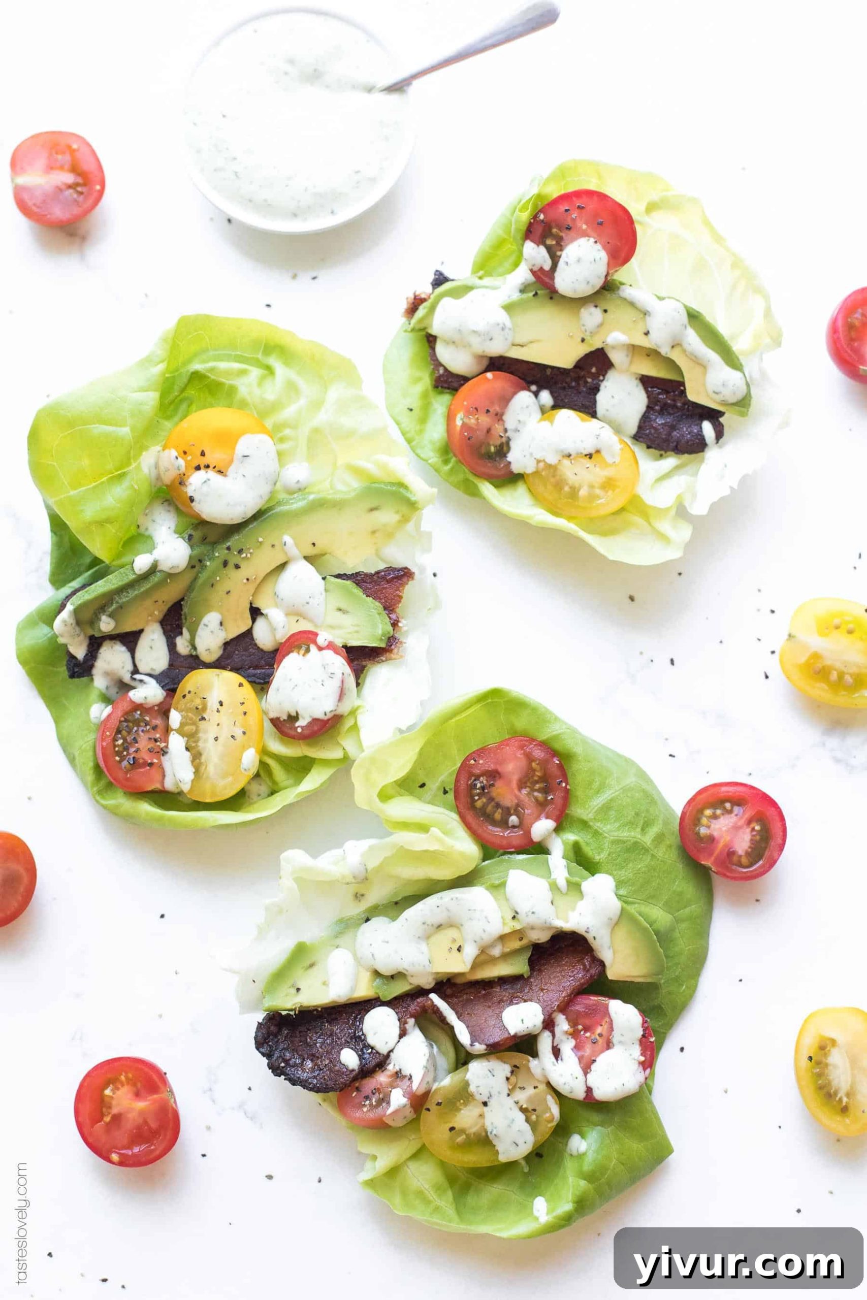 Healthy Paleo, Whole30, Keto BLT Lettuce Wraps with avocado ranch dressing for a low-carb meal or appetizer.