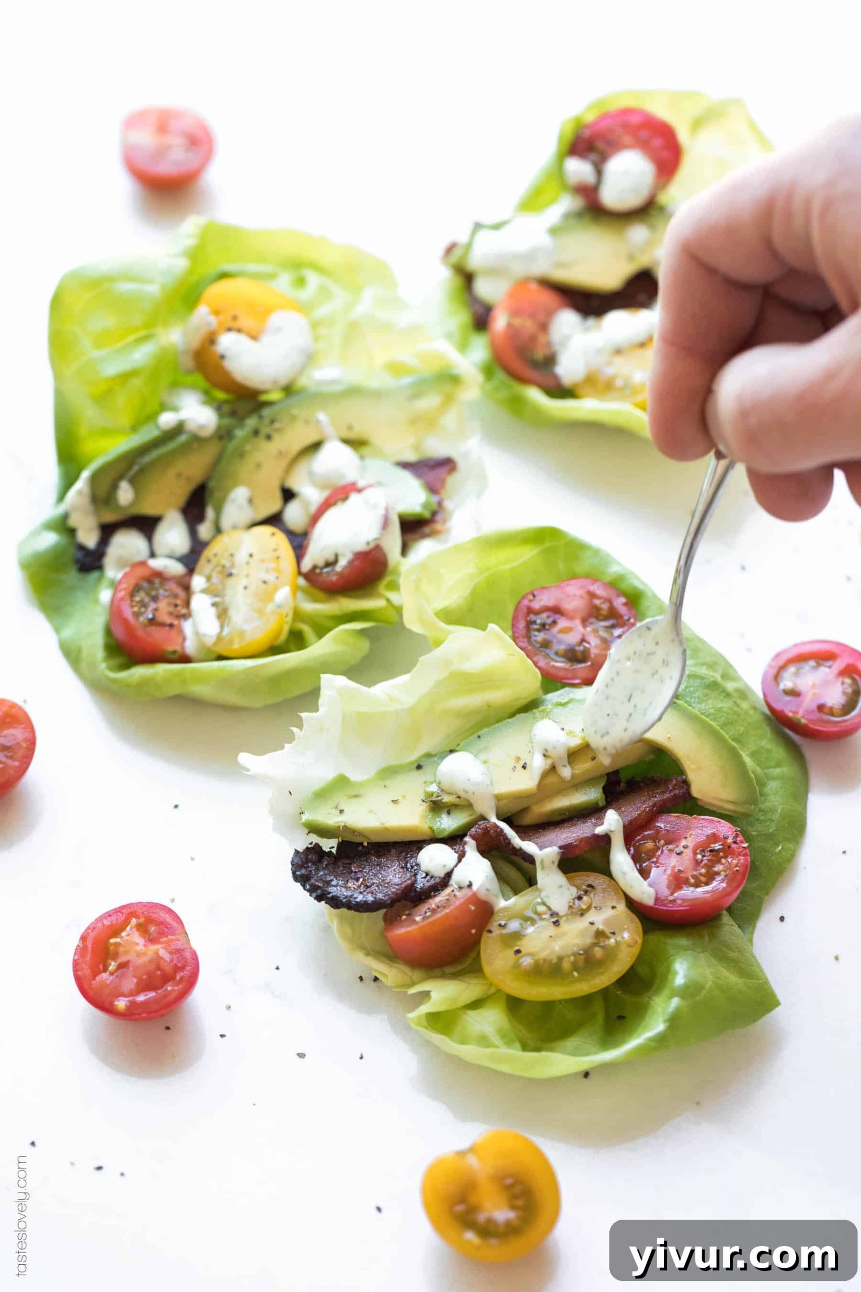 Whole30 and Keto BLT Lettuce Wraps with avocado ranch dressing, a delicious and healthy low-carb meal option.
