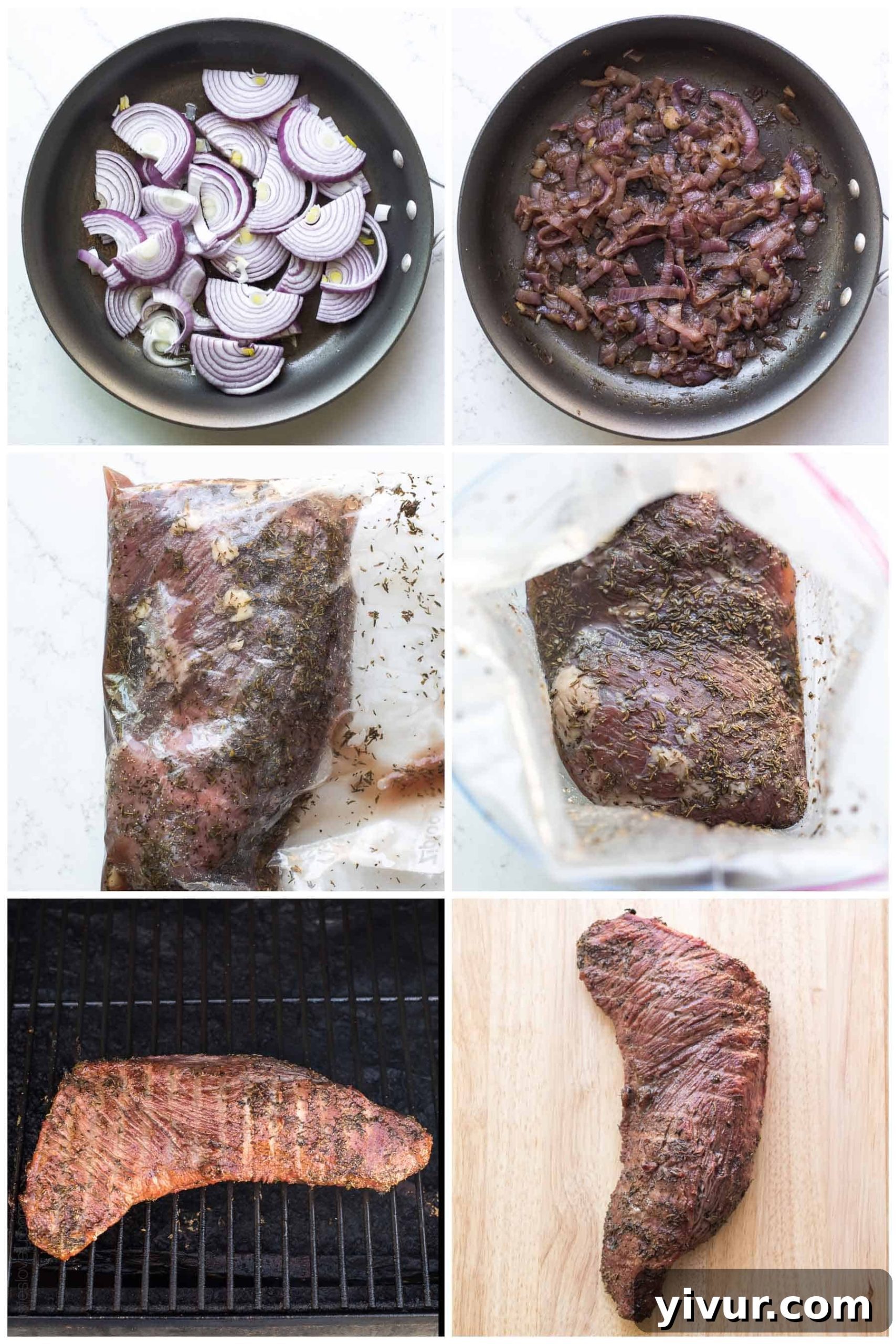 A series of step-by-step photos illustrating the preparation of the tri-tip marinade ingredients in a resealable bag.