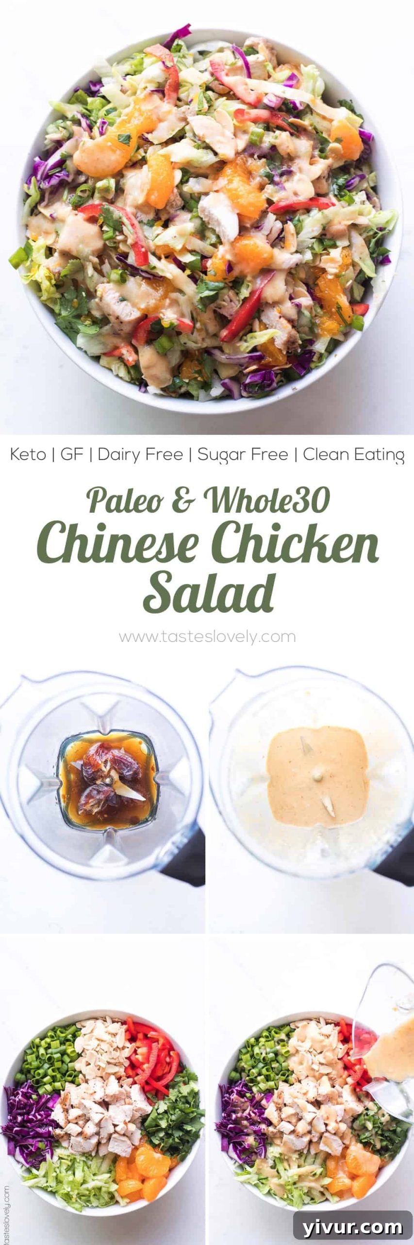 Paleo + Whole30 Chinese Chicken Salad Recipe with a homemade salad dressing. Delicious and healthy 30 minute asian chicken salad recipe! #paleo #whole30 #keto #glutenfree #grainfree #dairyfree #sugarfree #lowcarb #cleaneating #realfood