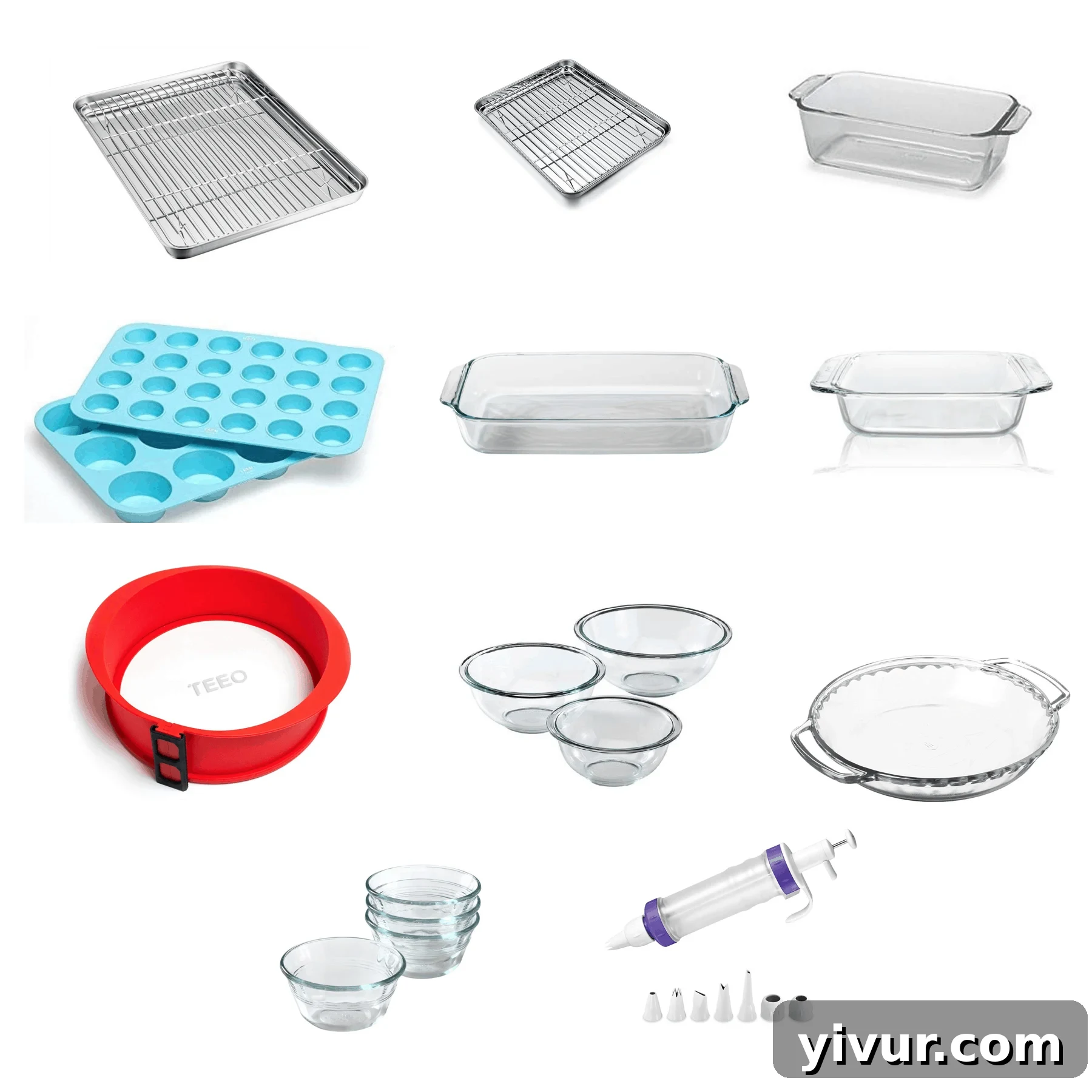 A collection of non-toxic bakeware items including stainless steel sheets, glass dishes, and silicone molds.