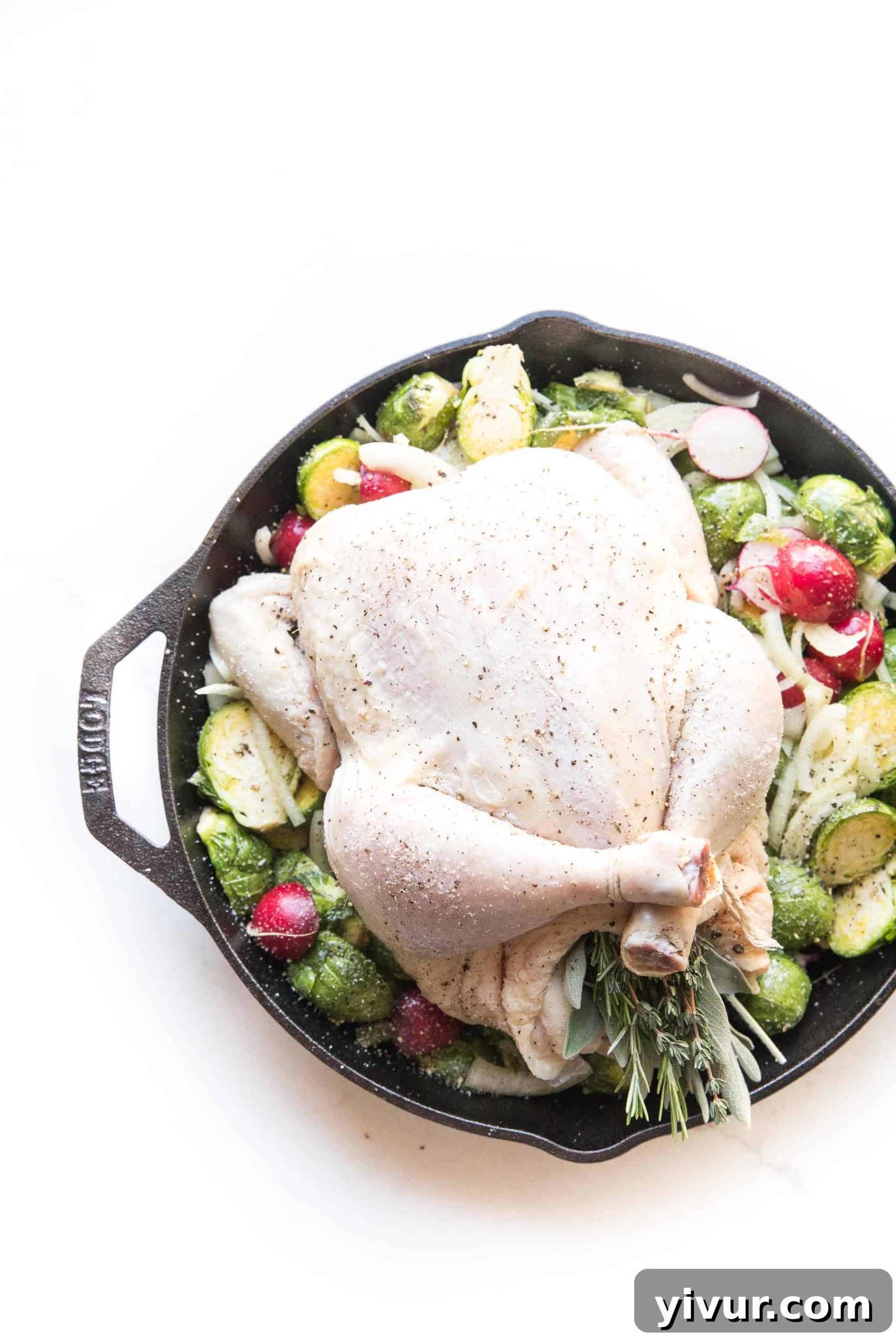 Whole30 + keto perfect roast chicken in a cast iron skillet with root vegetables