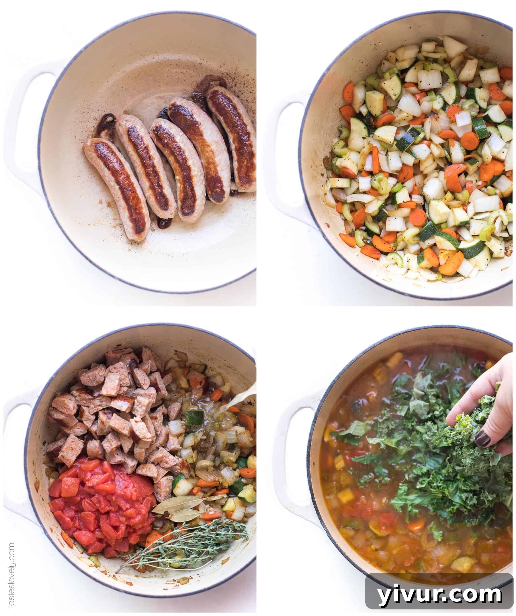 Step-by-step prep images showing fresh ingredients like onions, carrots, celery, and kale for the healthy sausage and kale vegetable soup.