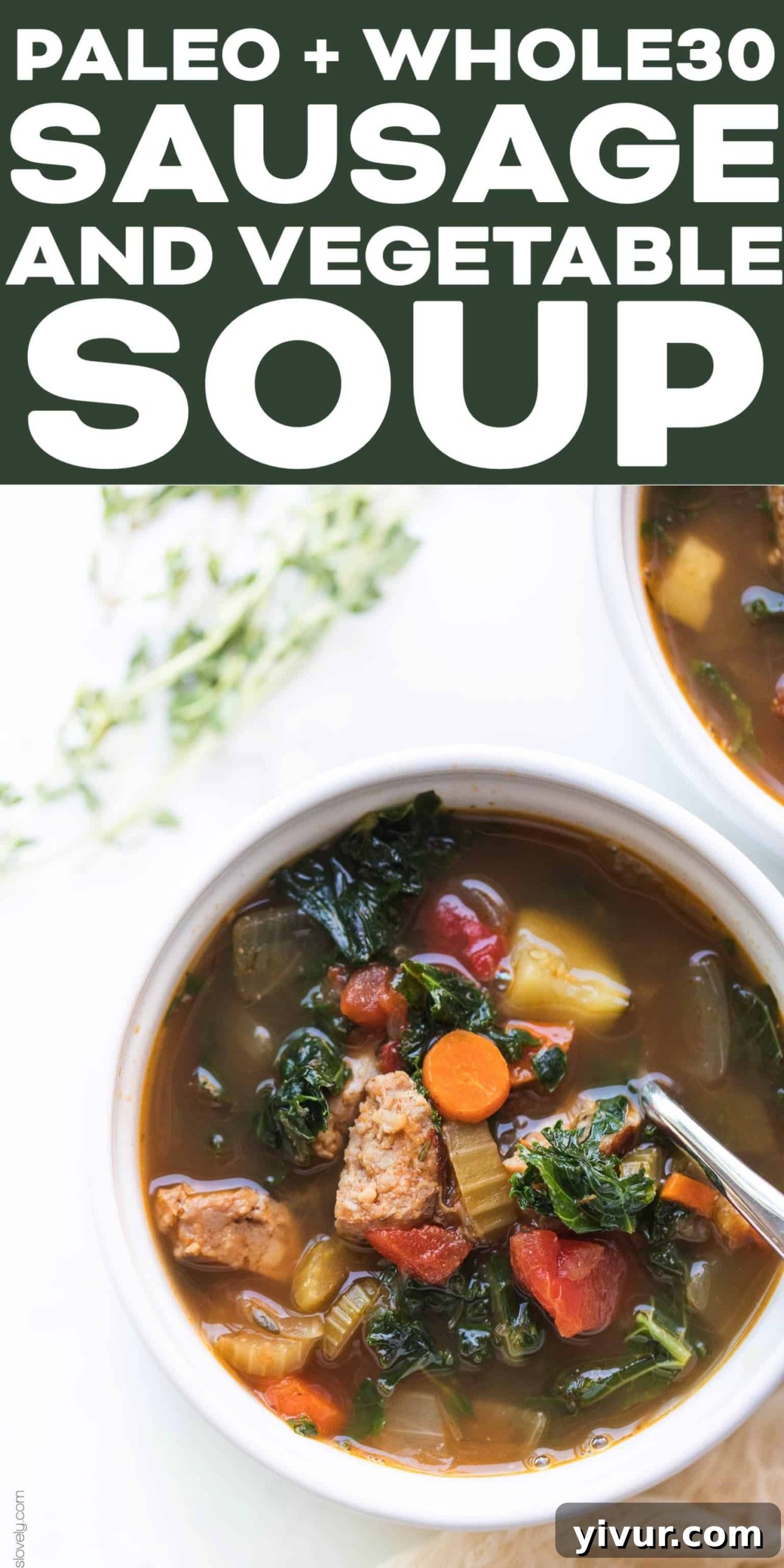 A final overhead shot of the Italian Sausage and Kale Vegetable Soup in a bowl, showcasing its rich texture and wholesome appeal.