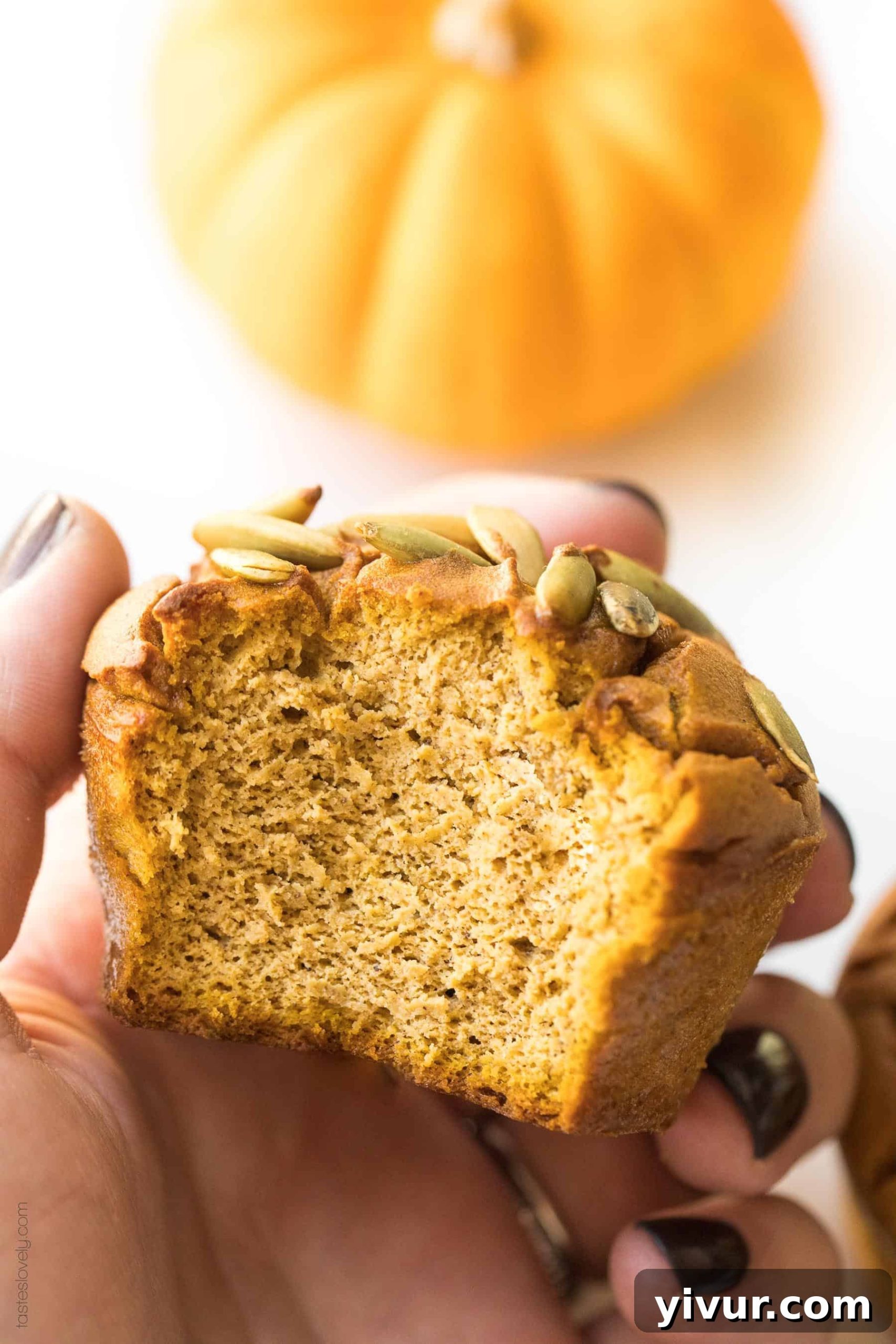A hand holding a moist keto pumpkin muffin made with almond flour, with a bite taken out of it, showcasing its delicious texture and fall-ready appeal. Perfect for low-carb, gluten-free, and paleo diets.