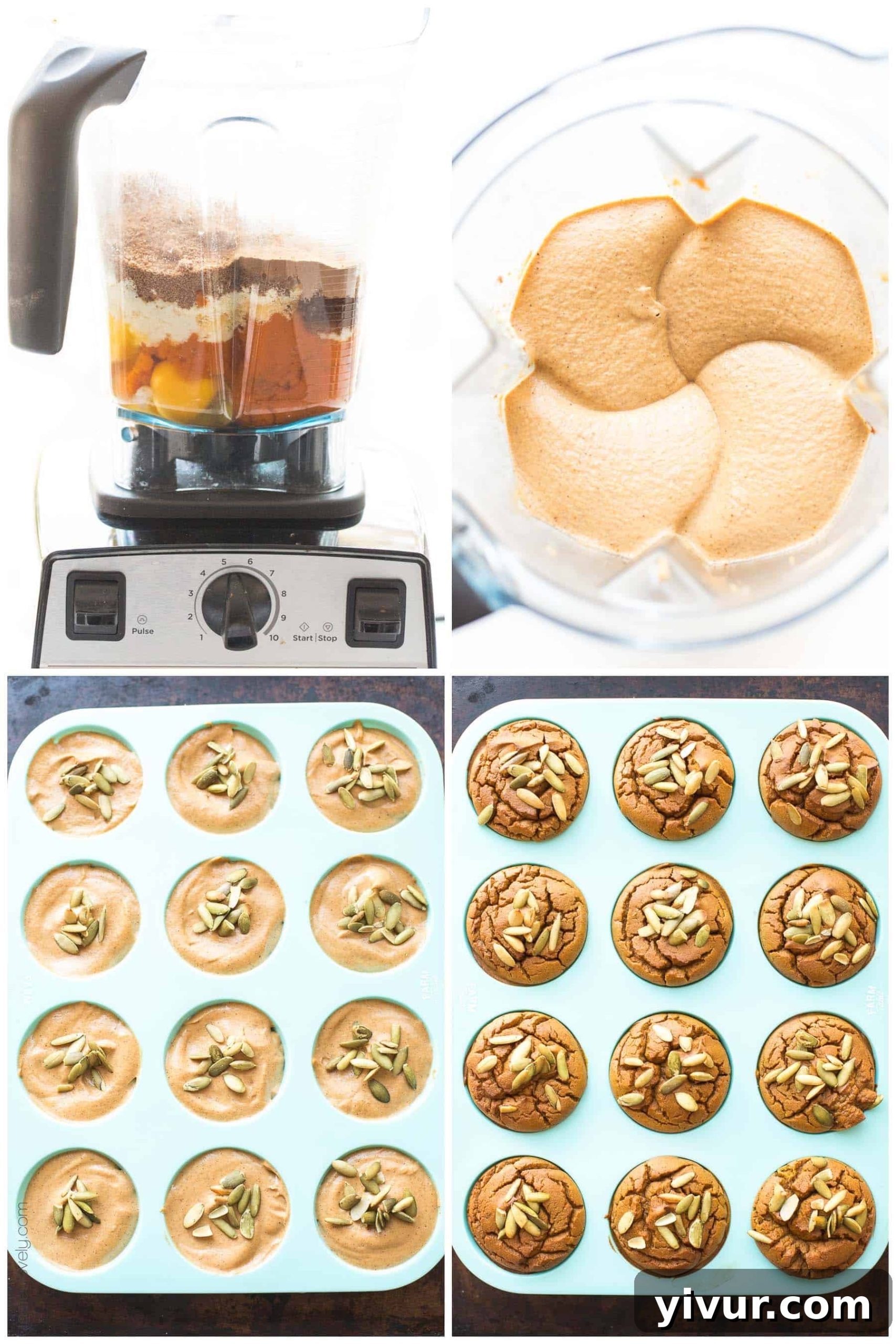 A visual guide showing the easy steps to prepare moist and delicious keto pumpkin muffins, from mixing ingredients to filling the muffin tin.