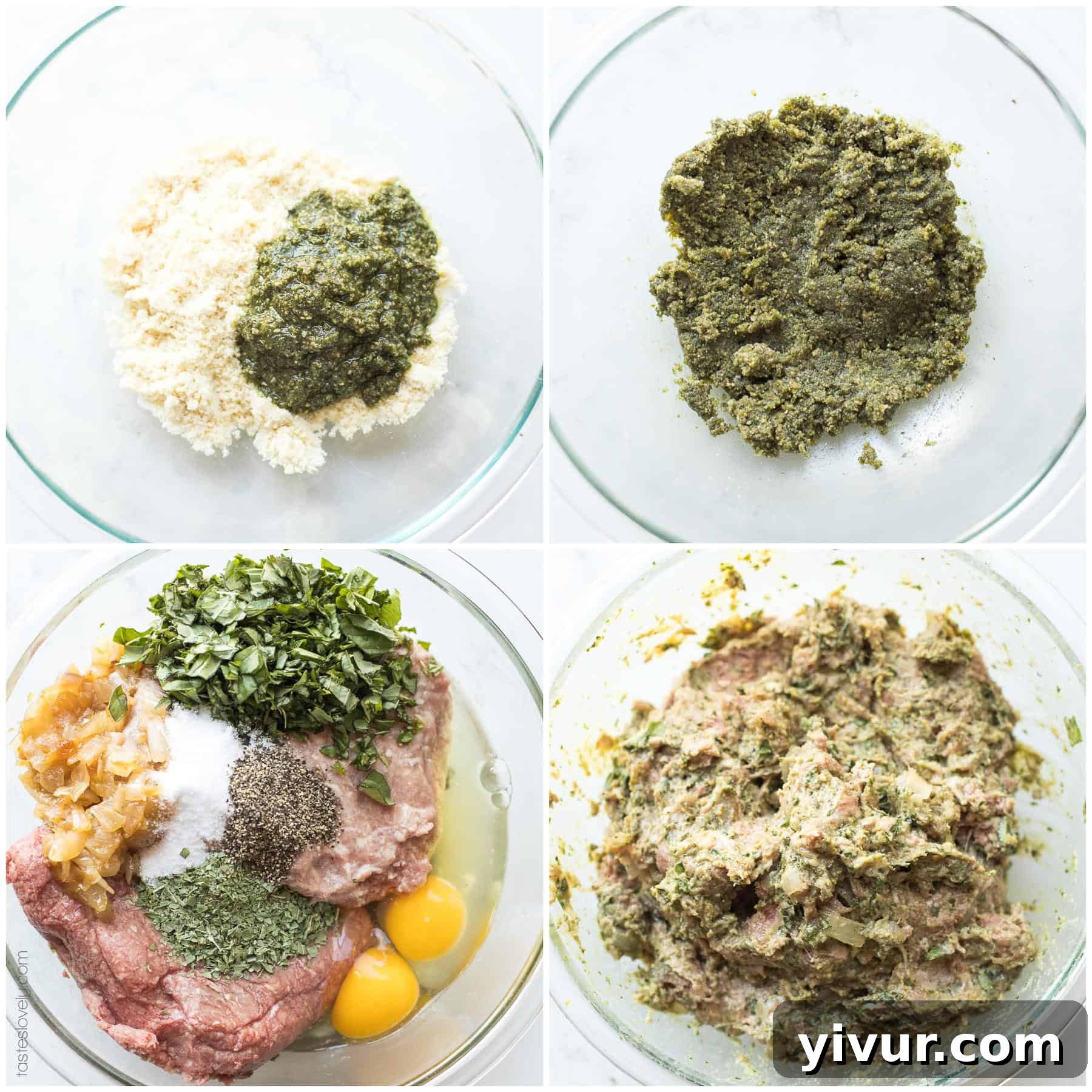Step-by-step visual guide showing the ingredients and stages of preparing pesto meatballs.