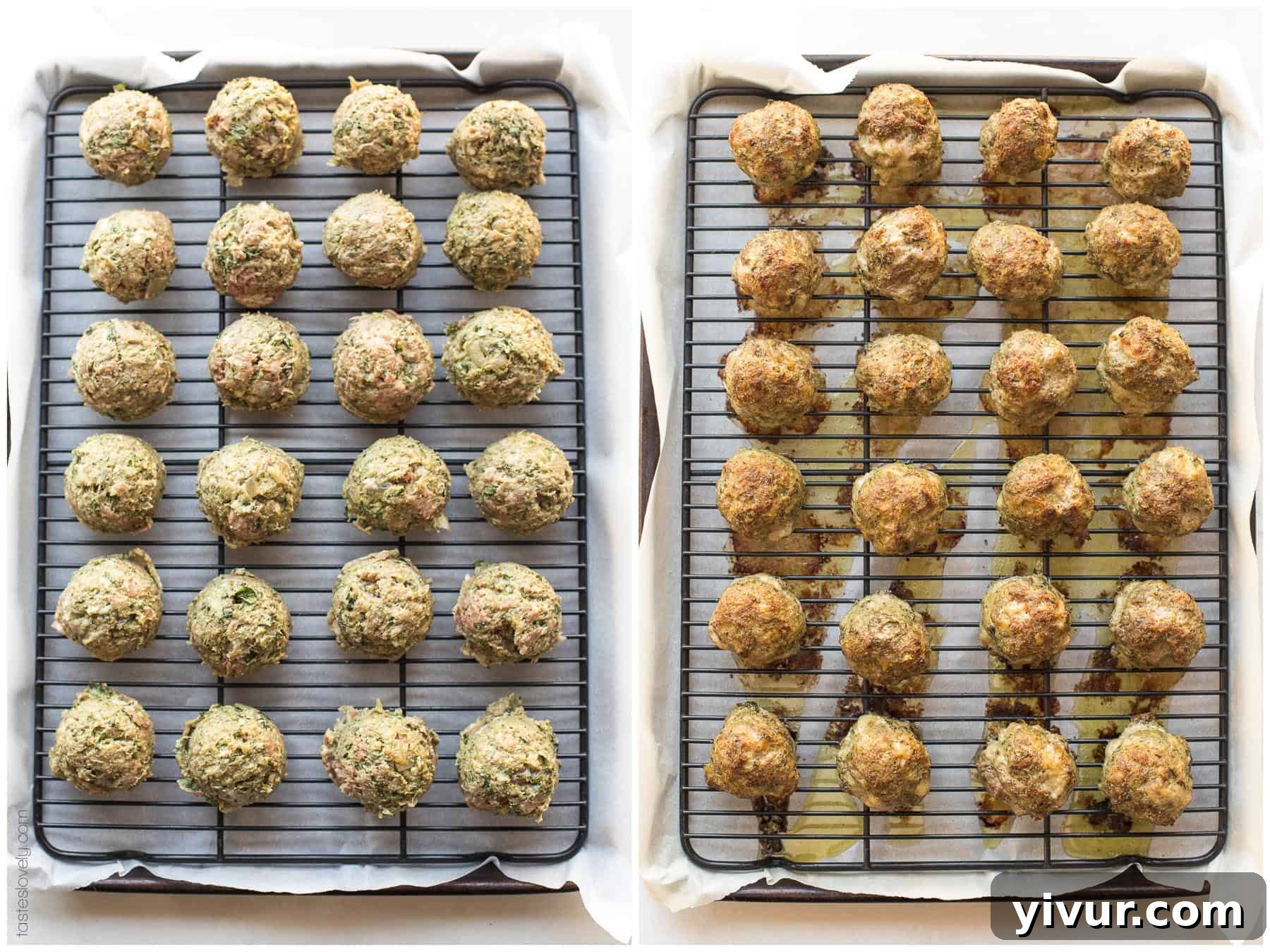 Before and after comparison of pesto meatballs baking in the oven, showing raw and golden-brown cooked states.