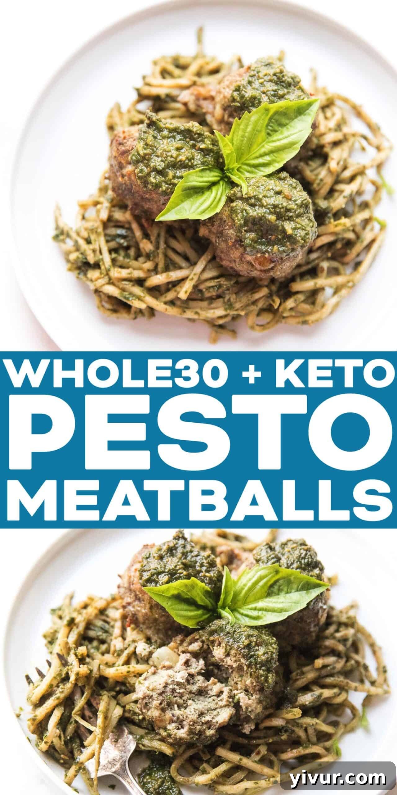 A top-down view of pesto meatballs arranged artfully on a plate, showcasing their inviting texture and rich green color, accompanied by fresh basil.