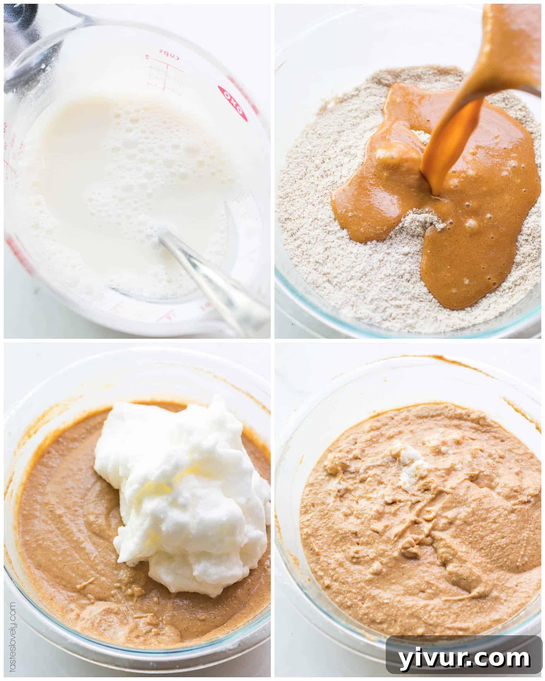 Step-by-step collage showing the process of making pumpkin waffle batter