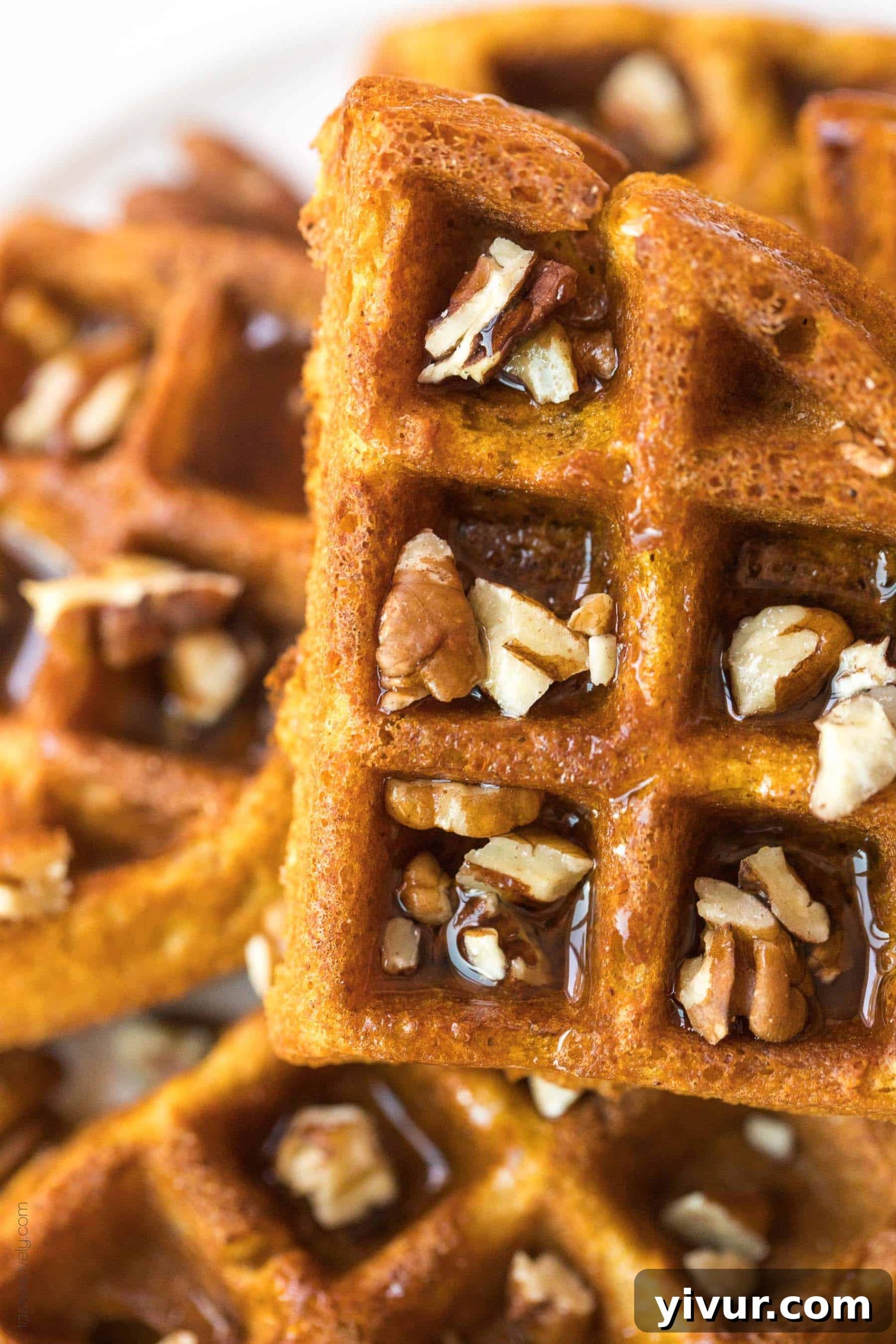 Close-up of crispy paleo pumpkin waffles topped with chopped pecans and maple syrup