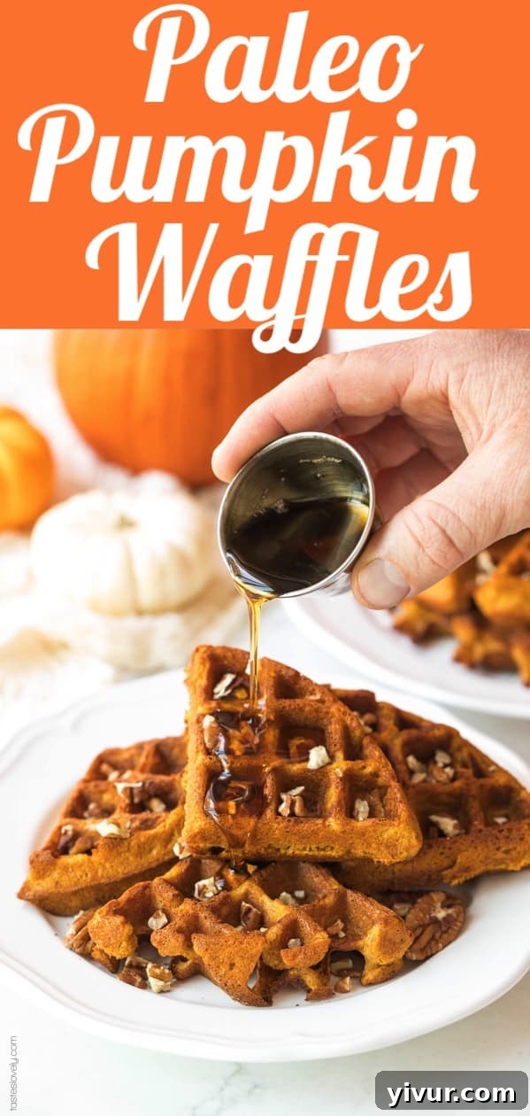 Tall stack of crispy paleo pumpkin waffles, ready to be served
