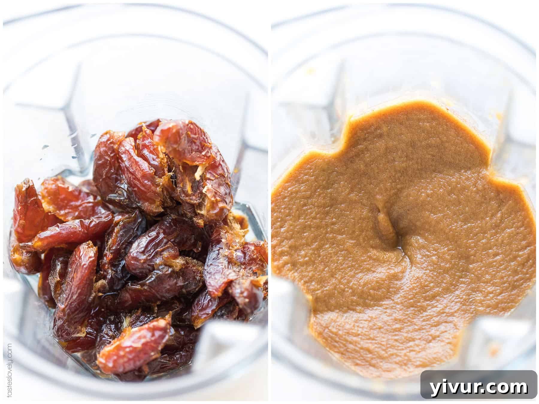 A visual guide showing a high-speed blender with dates and water, illustrating the blending process for making date paste.