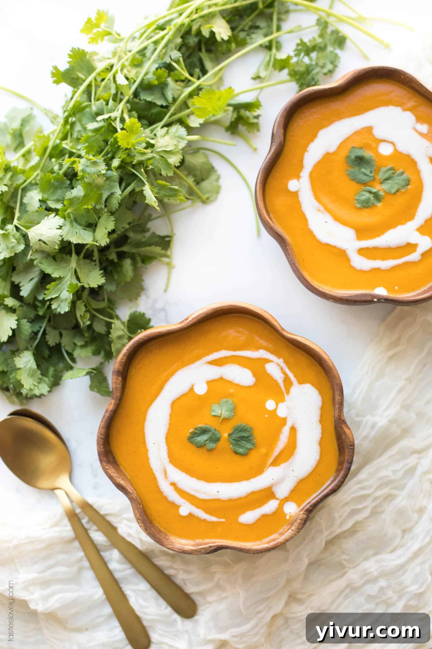 Two bowls of vibrant Thai Curry Roasted Butternut Squash Soup, garnished with fresh cilantro.