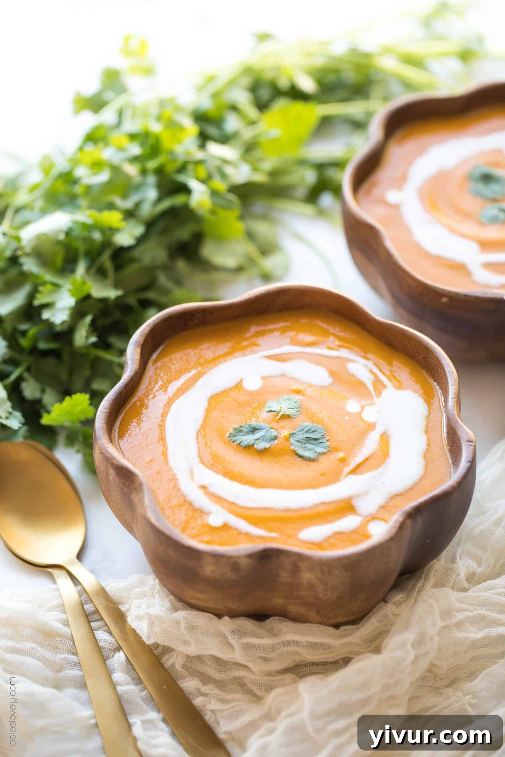 Two serving bowls of Thai Curry Roasted Butternut Squash Soup, artfully garnished with fresh cilantro.
