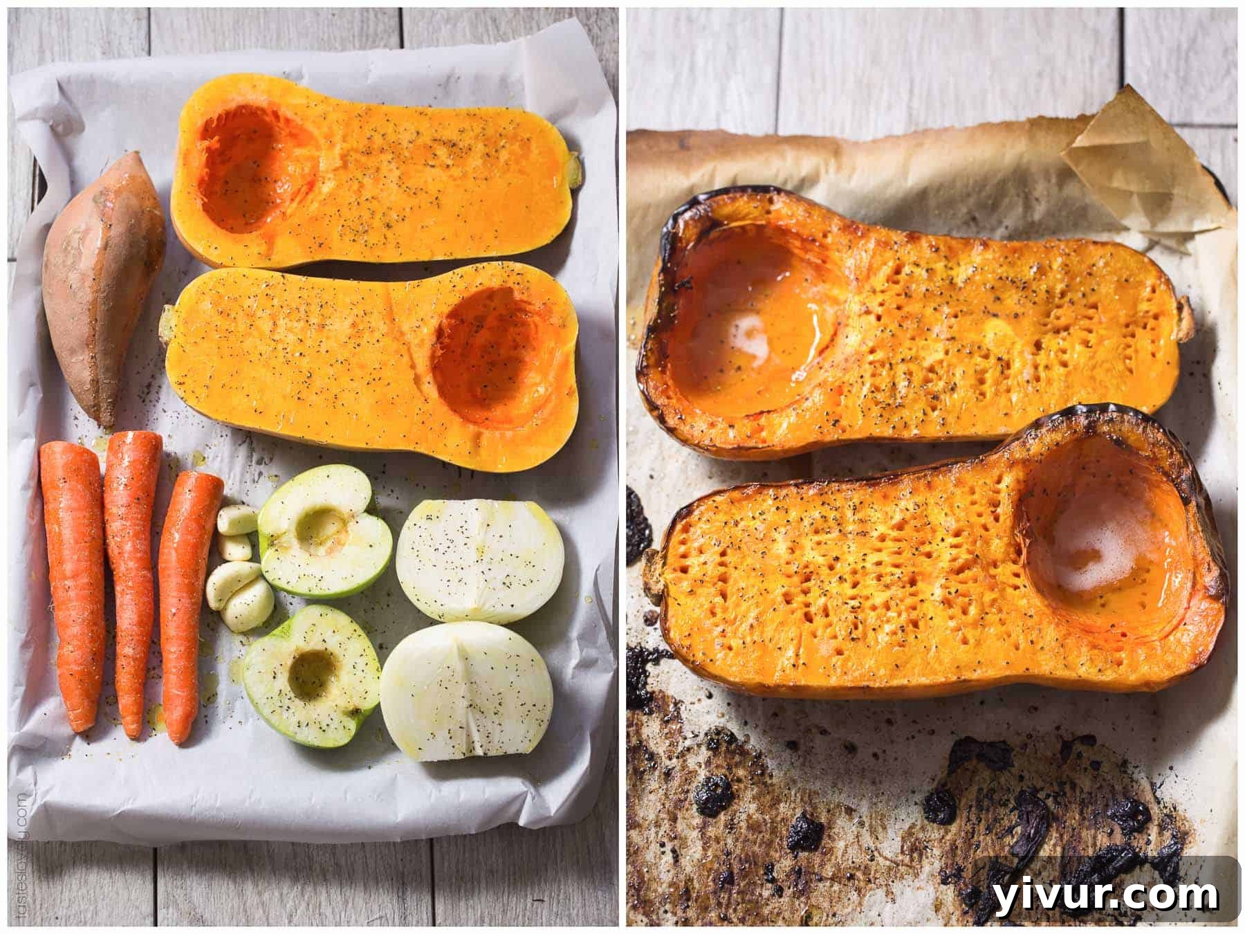 Steps showing various vegetables roasting in a pan for the butternut squash soup recipe.