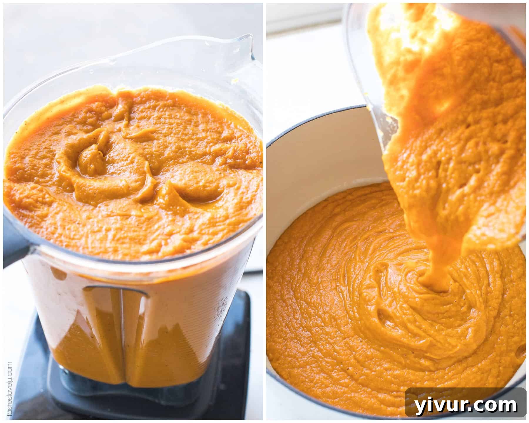 Creamy blended butternut squash soup being poured from a blender into a pot.
