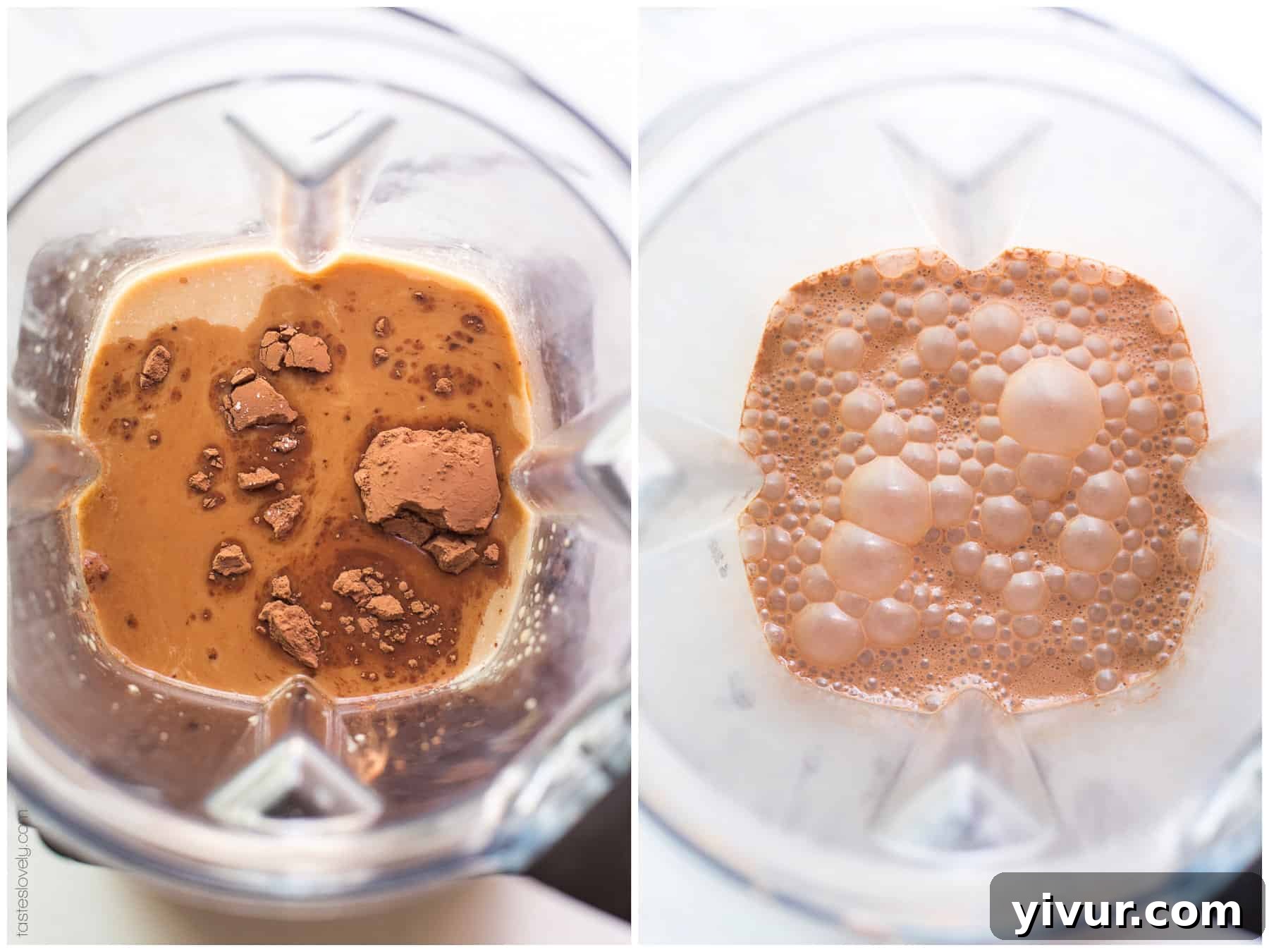 The simple, clean ingredients of a Paleo Whole30 Mocha in a blender, ready to be mixed