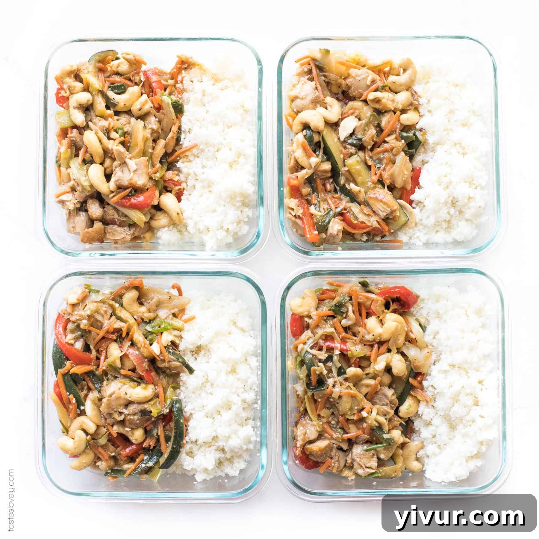 meal prep of chicken stir fry and cauliflower rice
