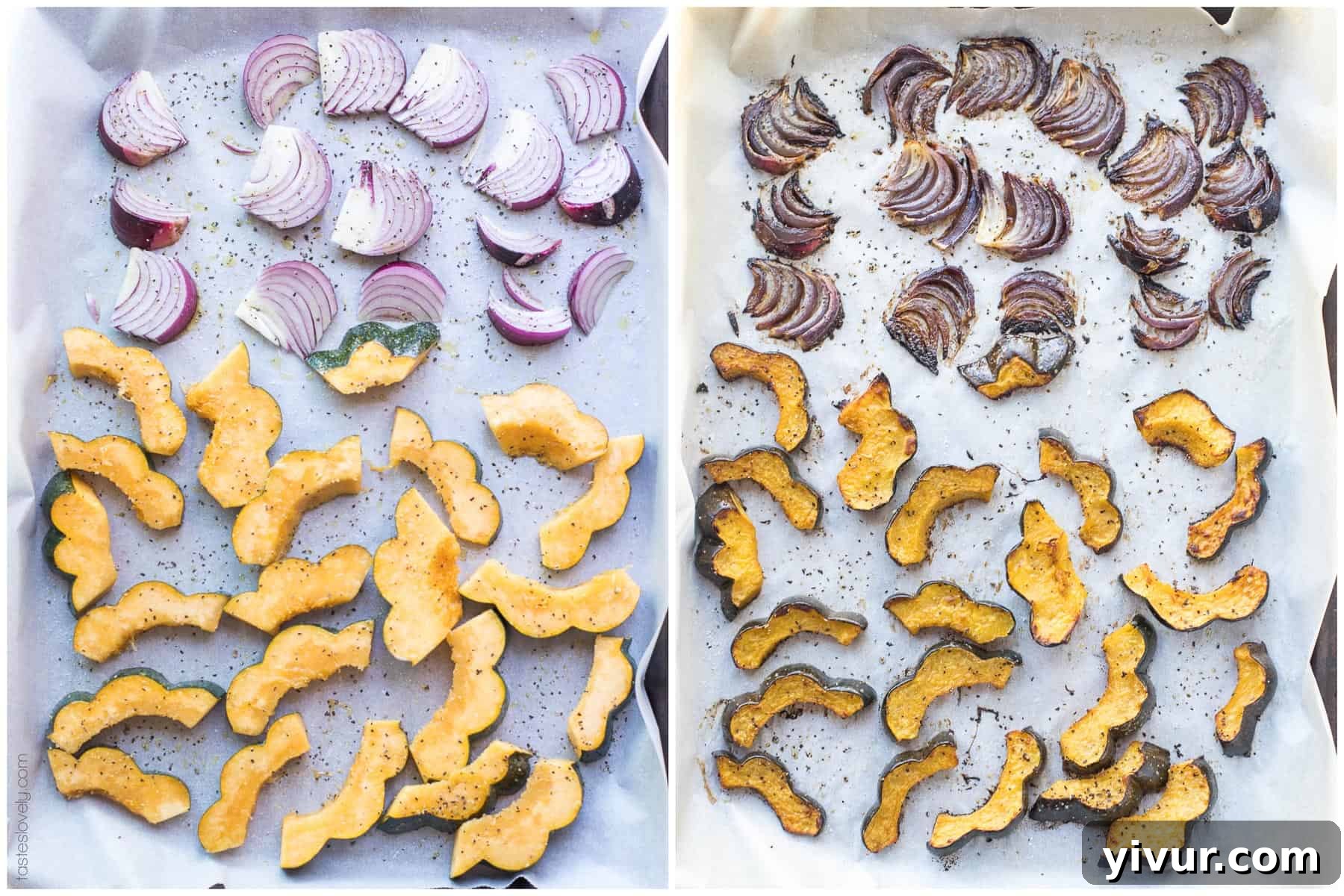Close-up of cubed acorn squash and sliced red onions seasoned with olive oil, salt, and pepper, spread on a baking sheet before roasting.