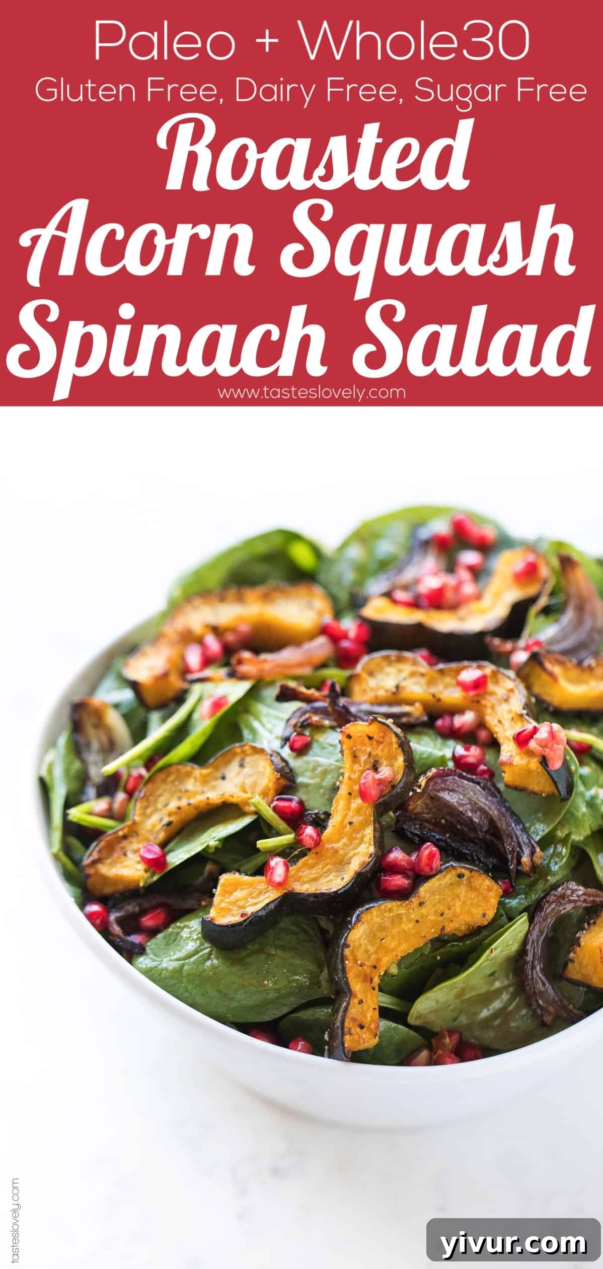Full overhead shot of the beautifully arranged Roasted Acorn Squash Spinach Salad in a rustic bowl on a wooden surface.