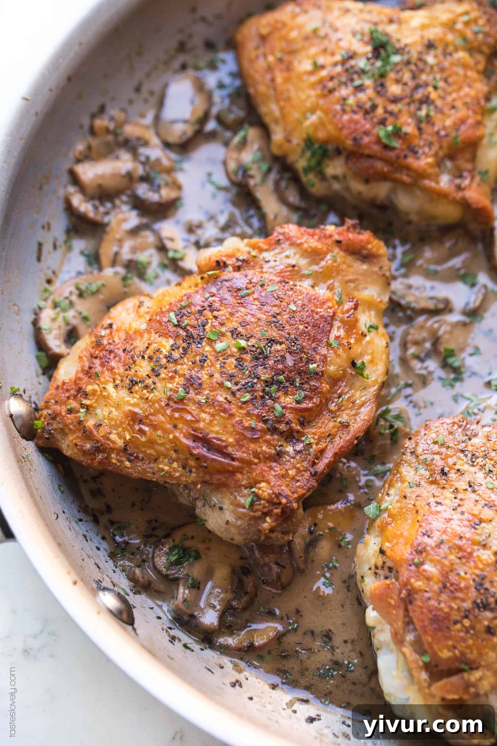 Luxurious Creamy Mushroom Chicken Thighs for Whole30 and Keto 4 Another view of crispy chicken thighs simmering in creamy mushroom sauce in a cast iron skillet