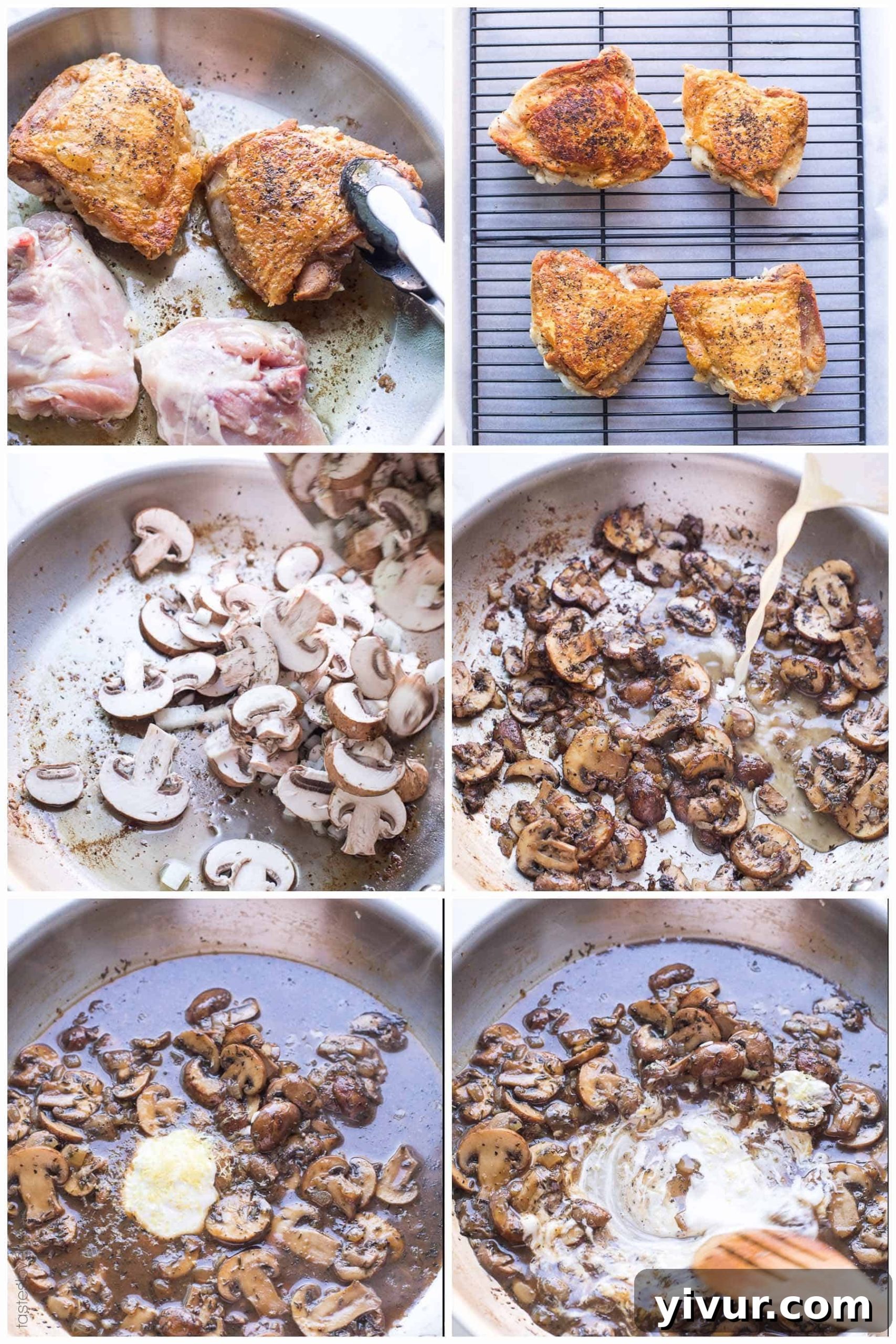 Luxurious Creamy Mushroom Chicken Thighs for Whole30 and Keto 5 Collage showing the preparation steps for crispy chicken thighs and creamy mushroom gravy
