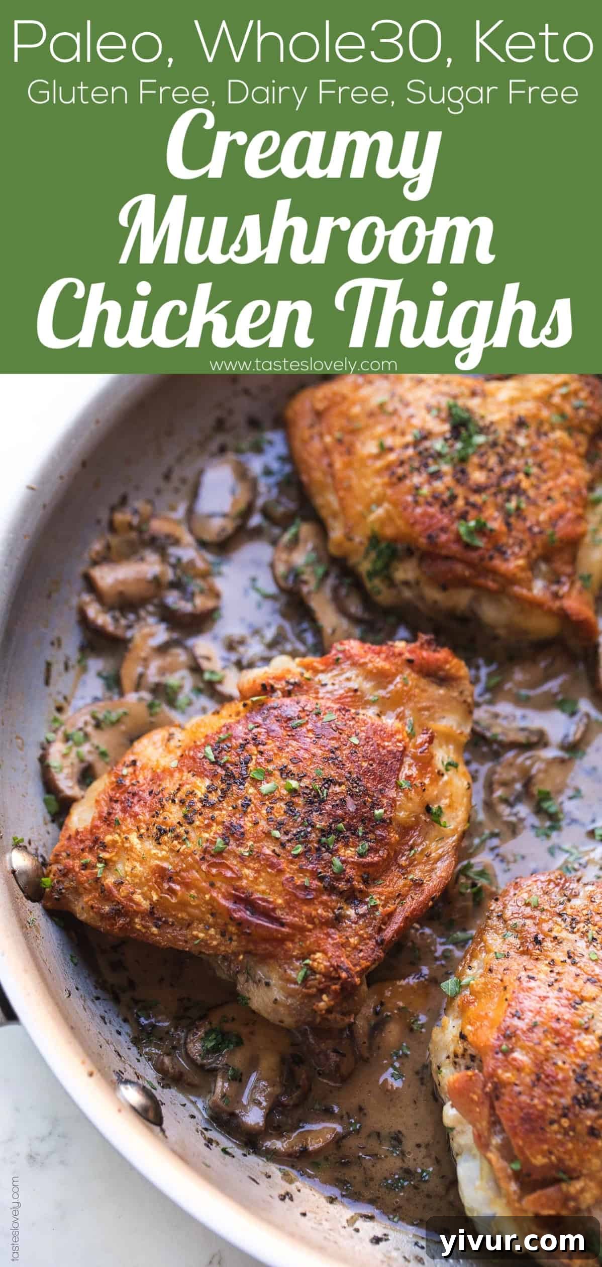 Luxurious Creamy Mushroom Chicken Thighs for Whole30 and Keto 8 Crispy chicken thighs with creamy mushroom gravy served in a deep dish, ready to eat.