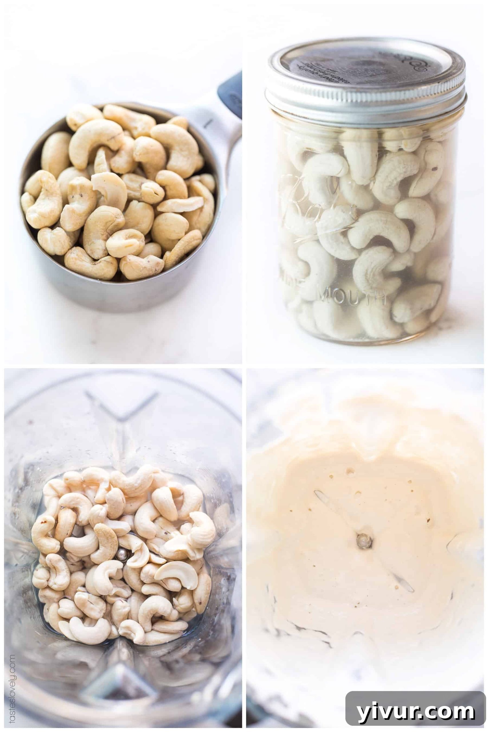 A step-by-step visual guide showing raw cashews soaking, then blended in a high-speed blender.