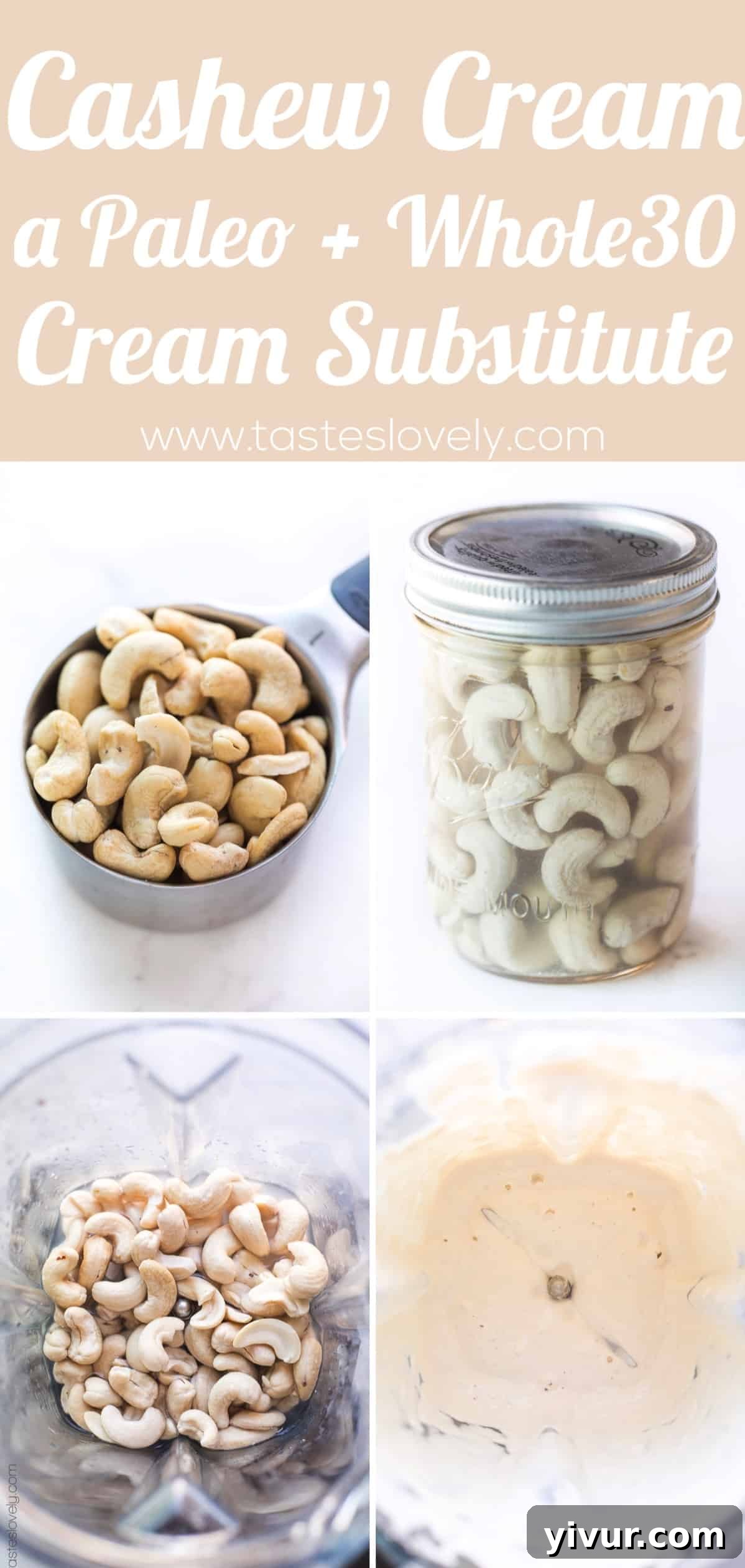 A beautifully styled shot of cashew cream in a jar with various ingredients around it, emphasizing freshness.