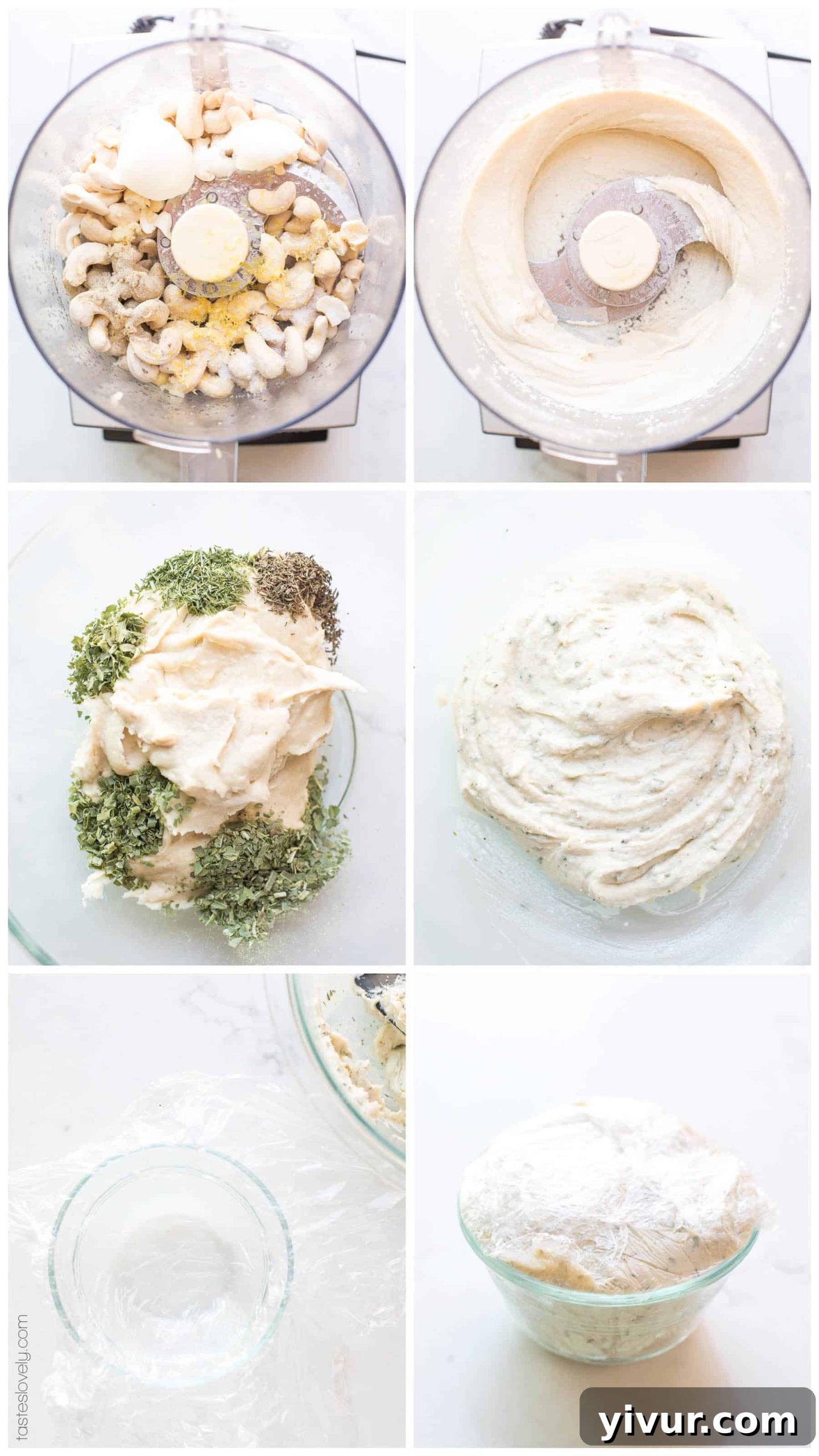 Step-by-step process images for making Herbed Cashew Cheese, including soaking cashews, blending ingredients, and mixing in herbs.