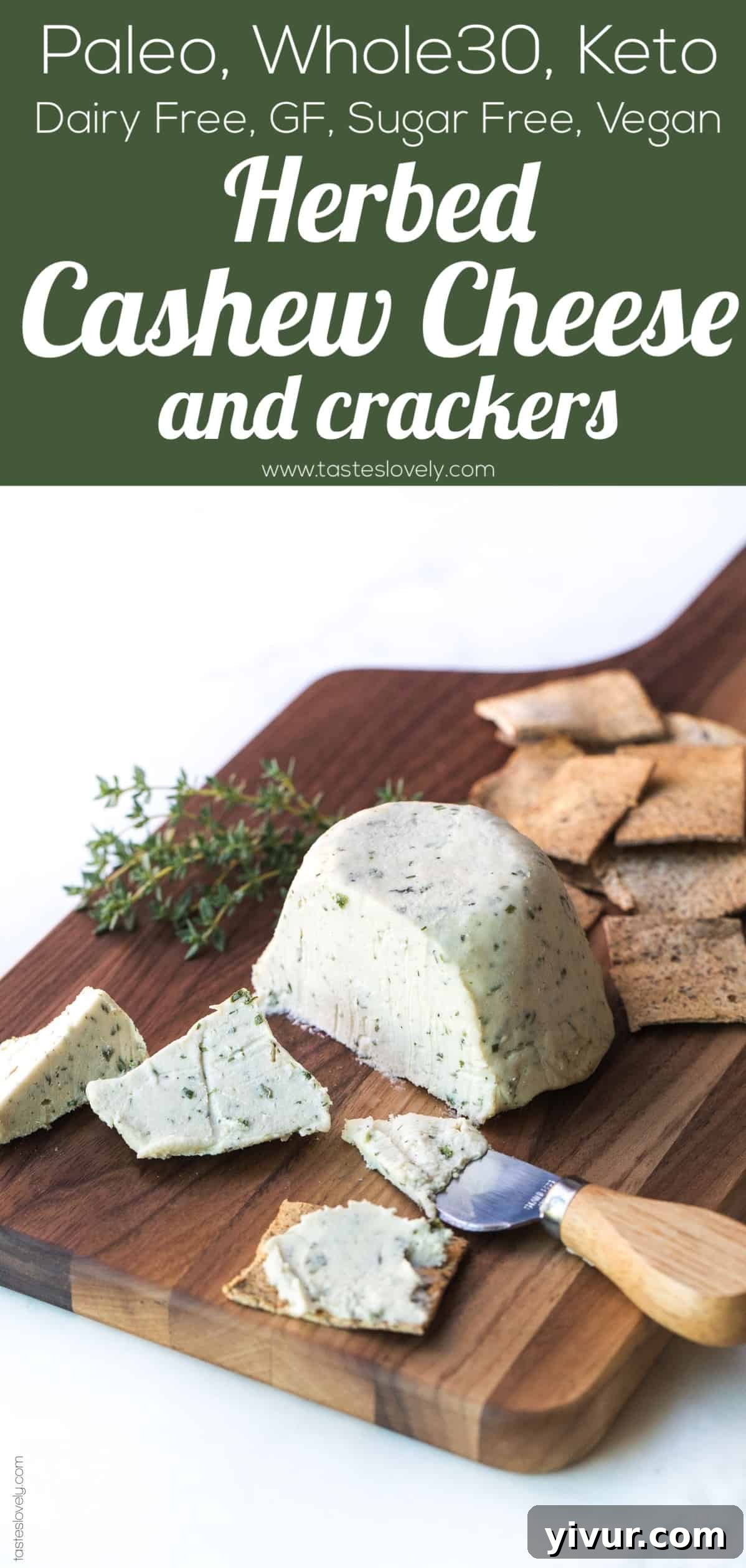 Herbed Cashew Cheese served dramatically, sliced perfectly to reveal its smooth texture, accompanied by fresh herbs and crackers.