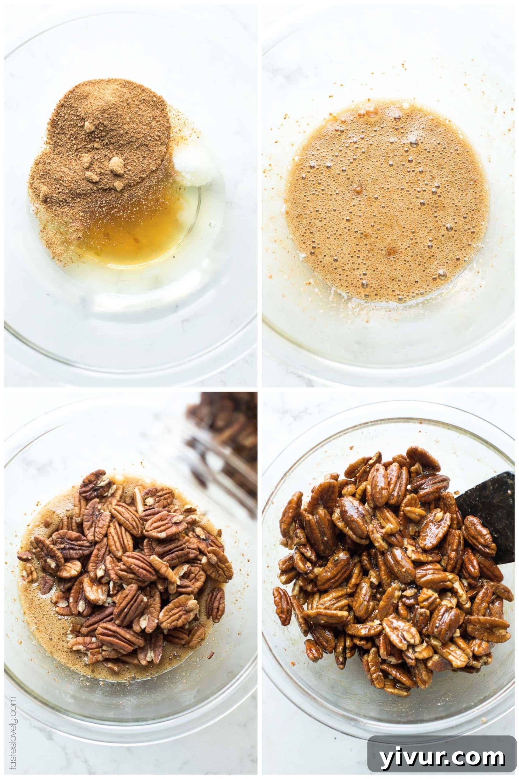 Three close-up images showing the preparation steps for candied pecans: mixing the coating, adding pecans, and spreading them on a baking sheet.
