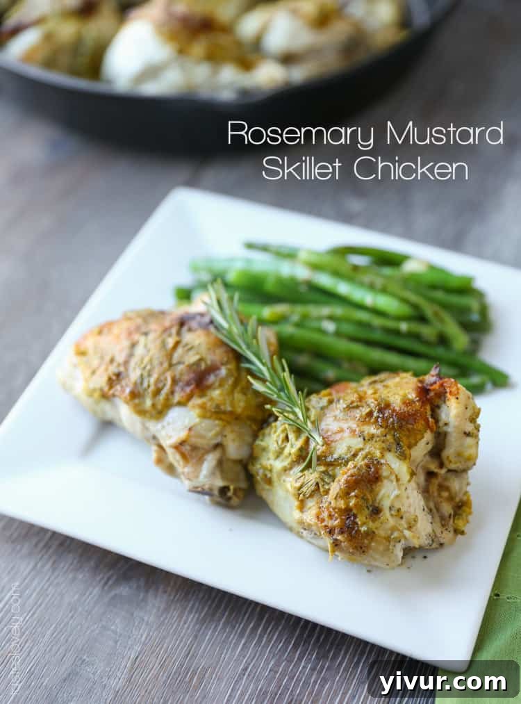 Rosemary Mustard Skillet Chicken, cooked in a cast iron skillet with crispy skin