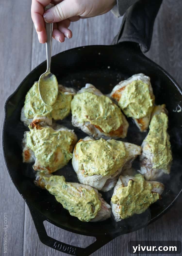 Rosemary Mustard Skillet Chicken baking in the oven for a quick, healthy meal