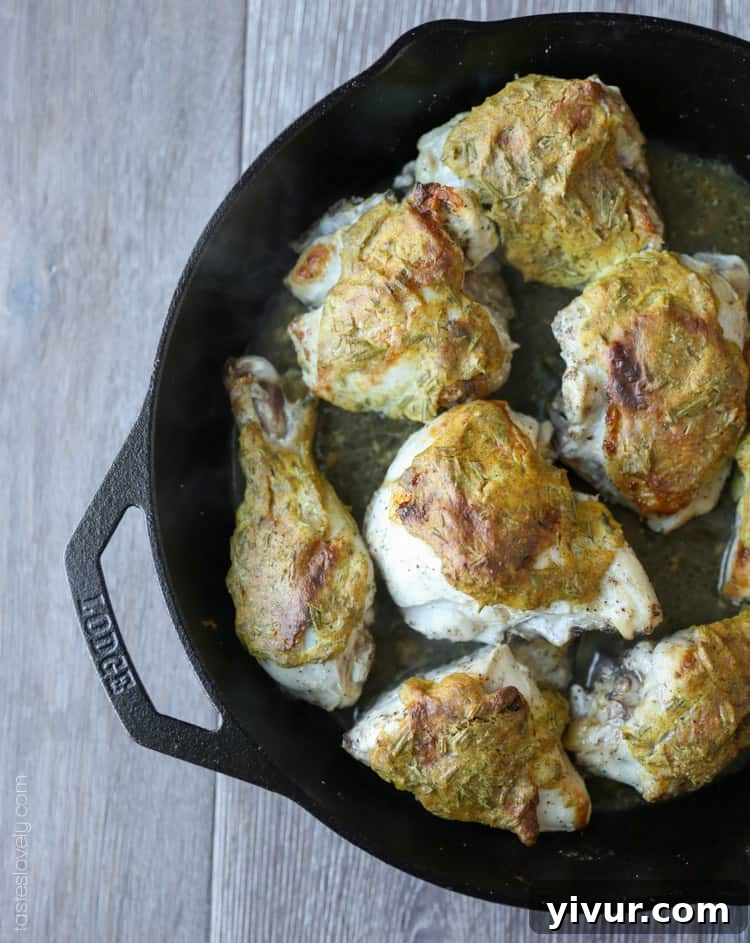 Plated Rosemary Mustard Skillet Chicken, ready to serve as a delicious and healthy meal